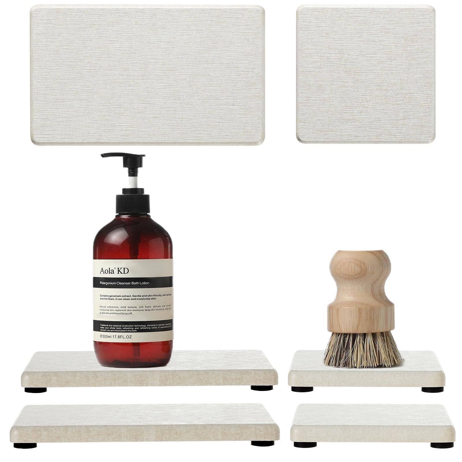 Quick Drying Stone Sink Tray 4PCS Bathroom Sink Vanity Trays, Diatomaceous Earth Quick Stone Drying Mat Kitchen Counter Dish Soap Dispenser Sponge Holder(4 Pack - Beige)