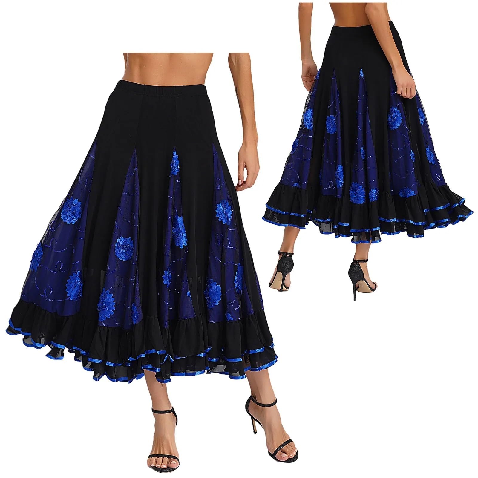Gonne da Ballo Spagnolo, Flamenco, Donna, con Volant, Fiori, Paillettes, for Danza Classica, Sala per Flamenco Spagnolo
