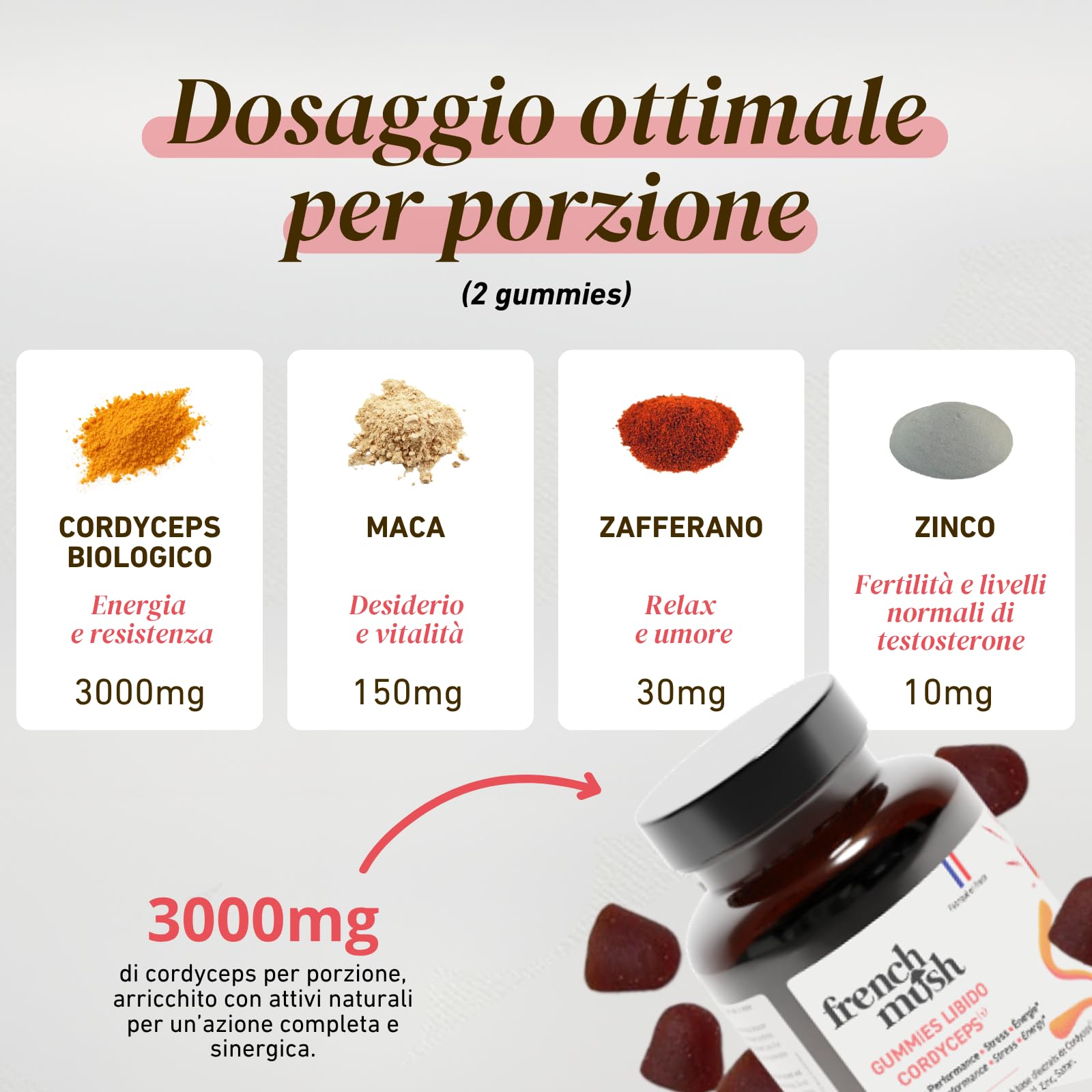 French Mush - Gummies Libido - Integratore Vitalità ed Energia - Cordyceps, Maca, Zafferano, Zinco - Supporto Libido, Performance ed Equilibrio Emotivo - 42 Gummies