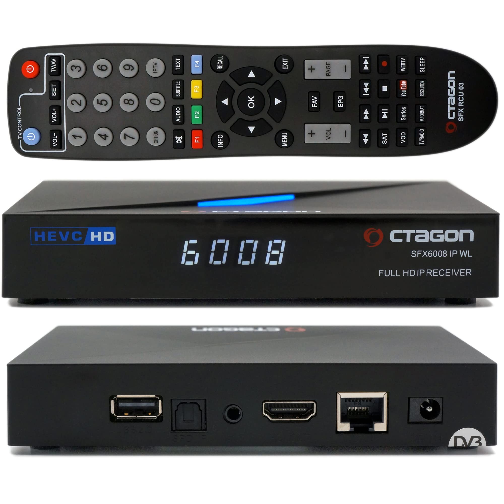 Octagon SFX6008 IP WL Full-HD H.265 HEVC, E2 Linux Set-Top Box & Smart Internet TV Receiver, Sat to Client Support, DLNA, YouTube, Web-Radio, 150Mbit WiFi intern, HDMI, schwarz