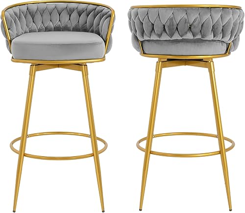 Miniatura 3 de Juego de 2 taburetes de bar giratorios de altura de mostrador, taburetes de barra gris con respaldo tejido y patas de metal dorado, modernas sillas