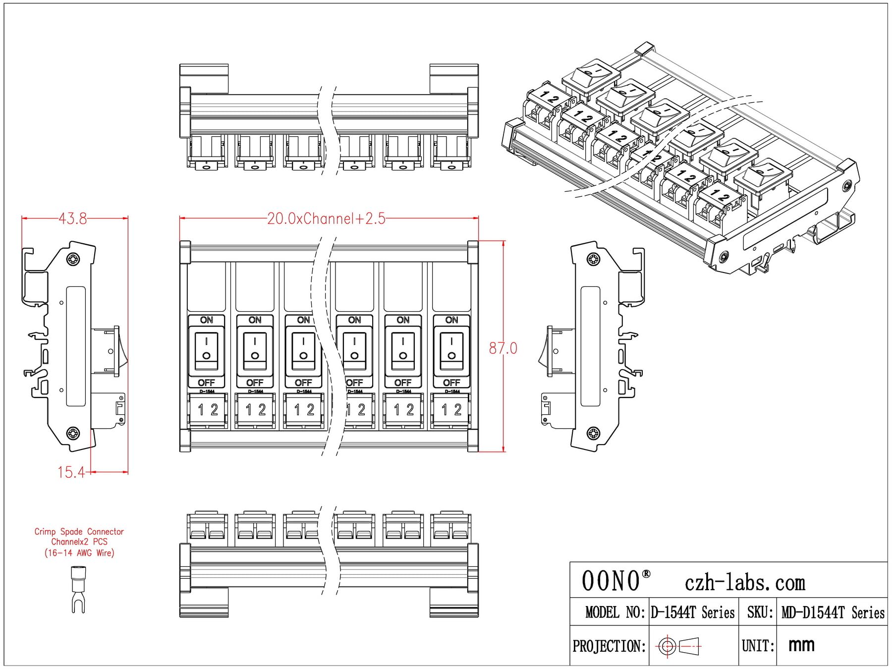 Modulo interruttore a bilanciere per montaggio su guida DIN, 10 Amp 250 VAC/50 VDC (8 canali)