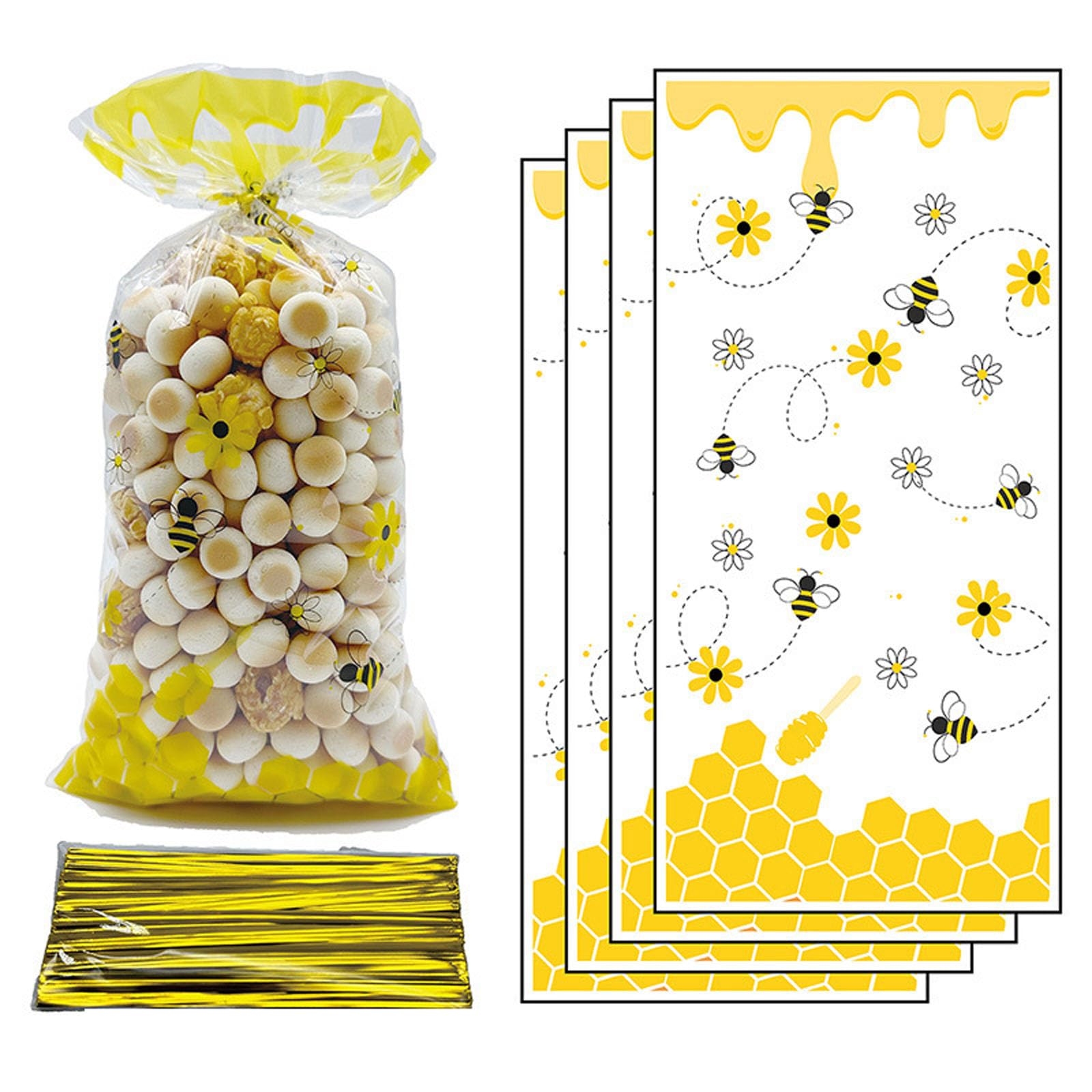 50 Pieces Bee Party Treat Bags - Honey Cellophane Plastic Candy Goodie Favor Bags With 50 PCS Twist Ties for Birthday Party