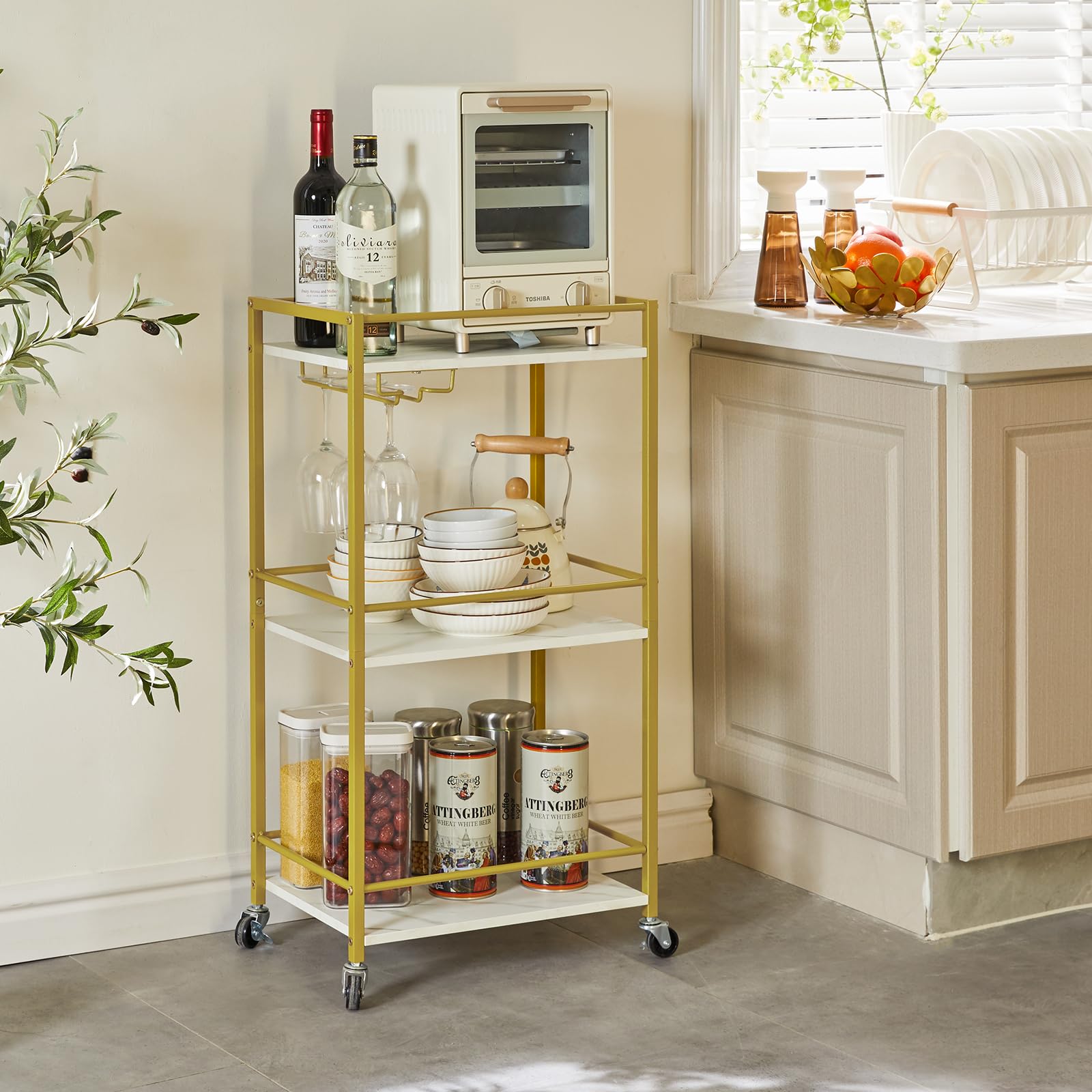 IBUYKE Chariot de Service de Bar à Domicile, Petit Chariot de Bar avec 3 Niveaux, étagère Mobile pour Boissons avec Supports à vin et Porte-Verres, Mini Bar pour extérieur, Blanc TMJ519W