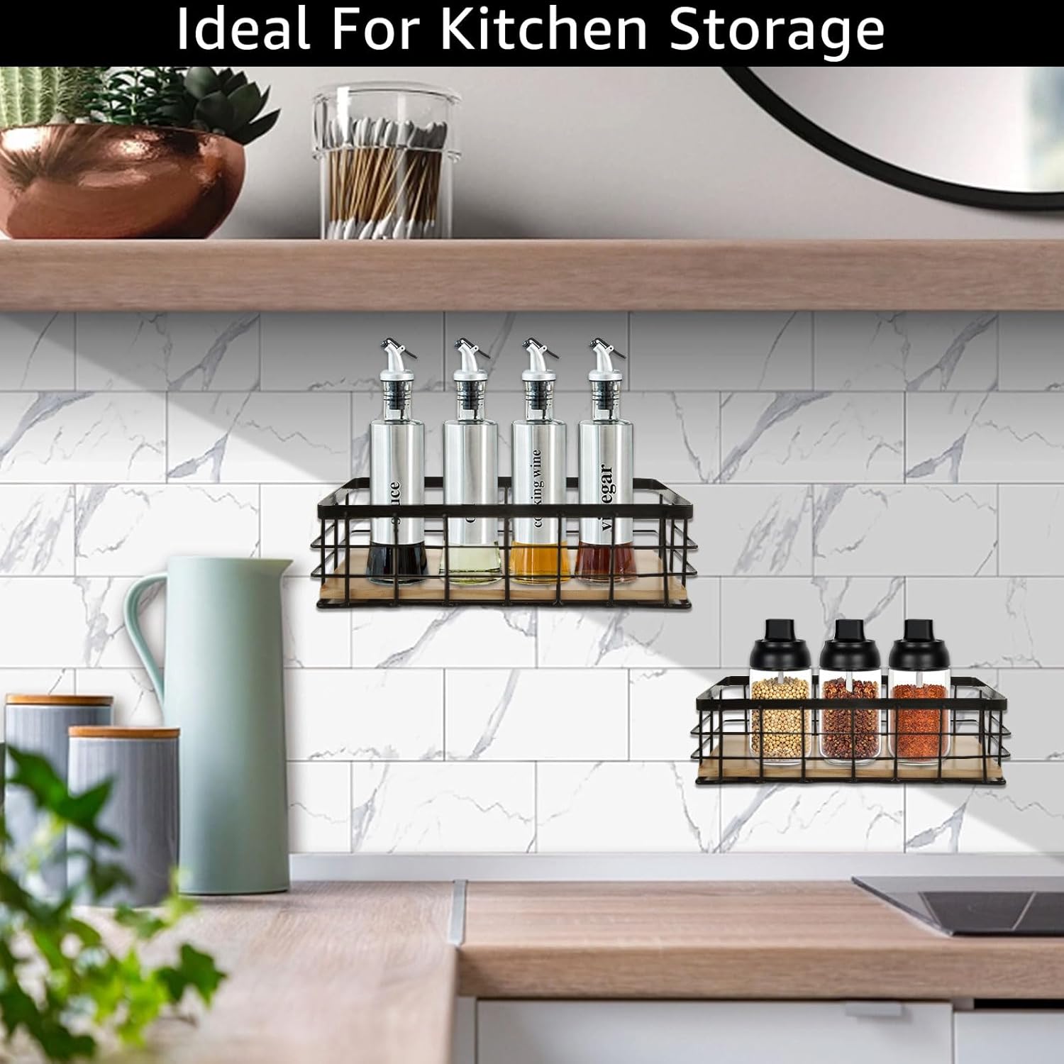 SENENQU 4 Pack Metal Wire Basket Detachable Wood Base Storage Organizer Farmhouse Bin for Kitchen Cabinets, Bathroom, Pantry, Laundry Room, Closets (Set of 4, Black)