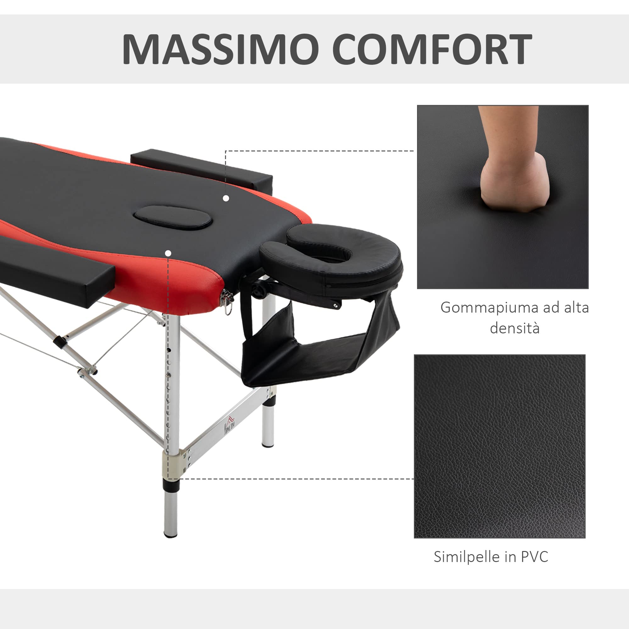 HOMCOM Lettino da Massaggio Pieghevole ad Altezza Regolabile, Lettino Professionale per Massaggi in Alluminio e Plastica, 215x81x61-84 cm, Nero e Rosso