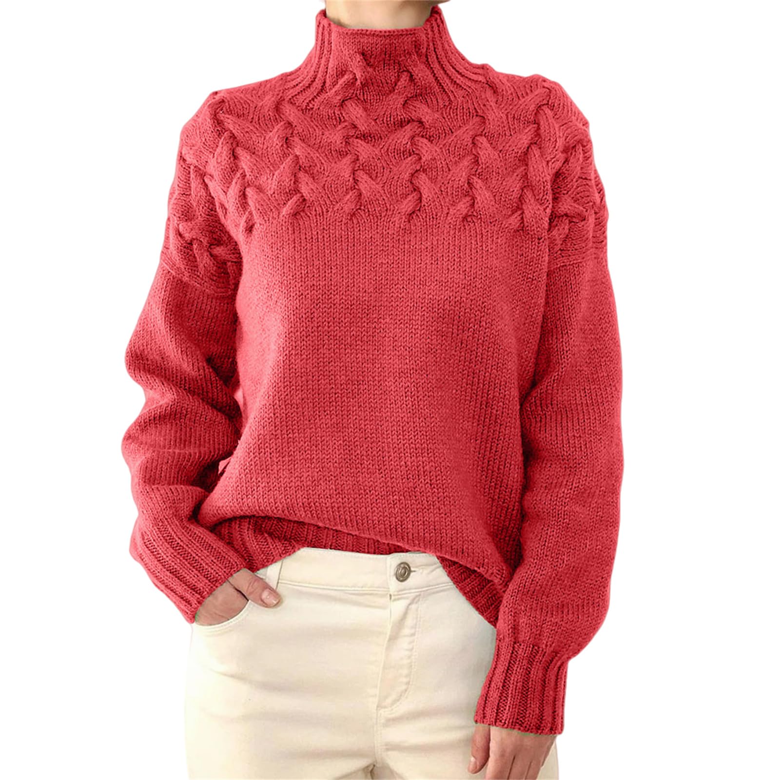 Womens Turtleneck Long Sleeve Solid Comfy Cable Knit Sweater Casual Loose Jumper Tops for Women