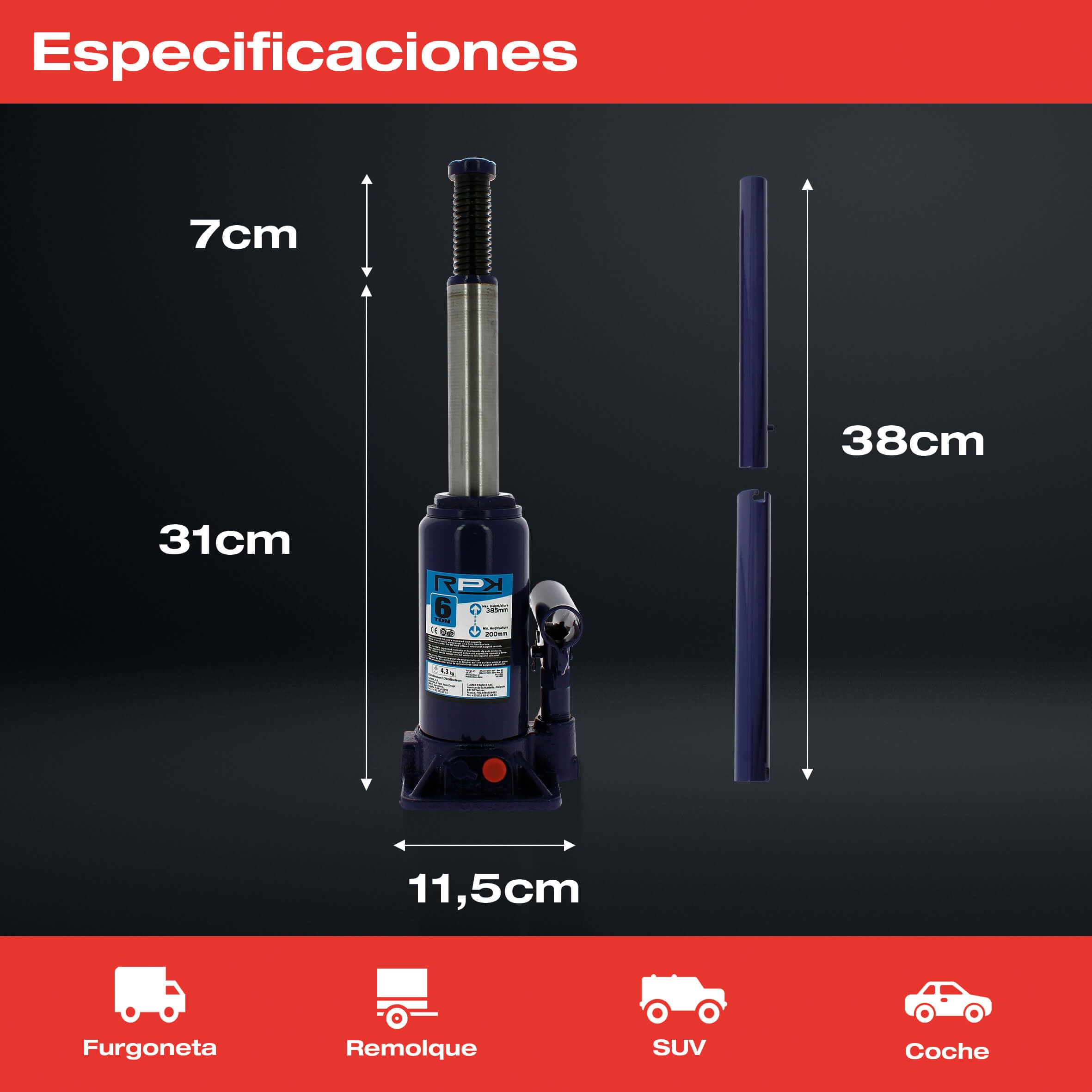 S SUMEX Gato Hidráulico Botella 6 Toneladas Elevador para Coche, SUV, Furgoneta, Camión y Remolque, 6000 kg Homologado