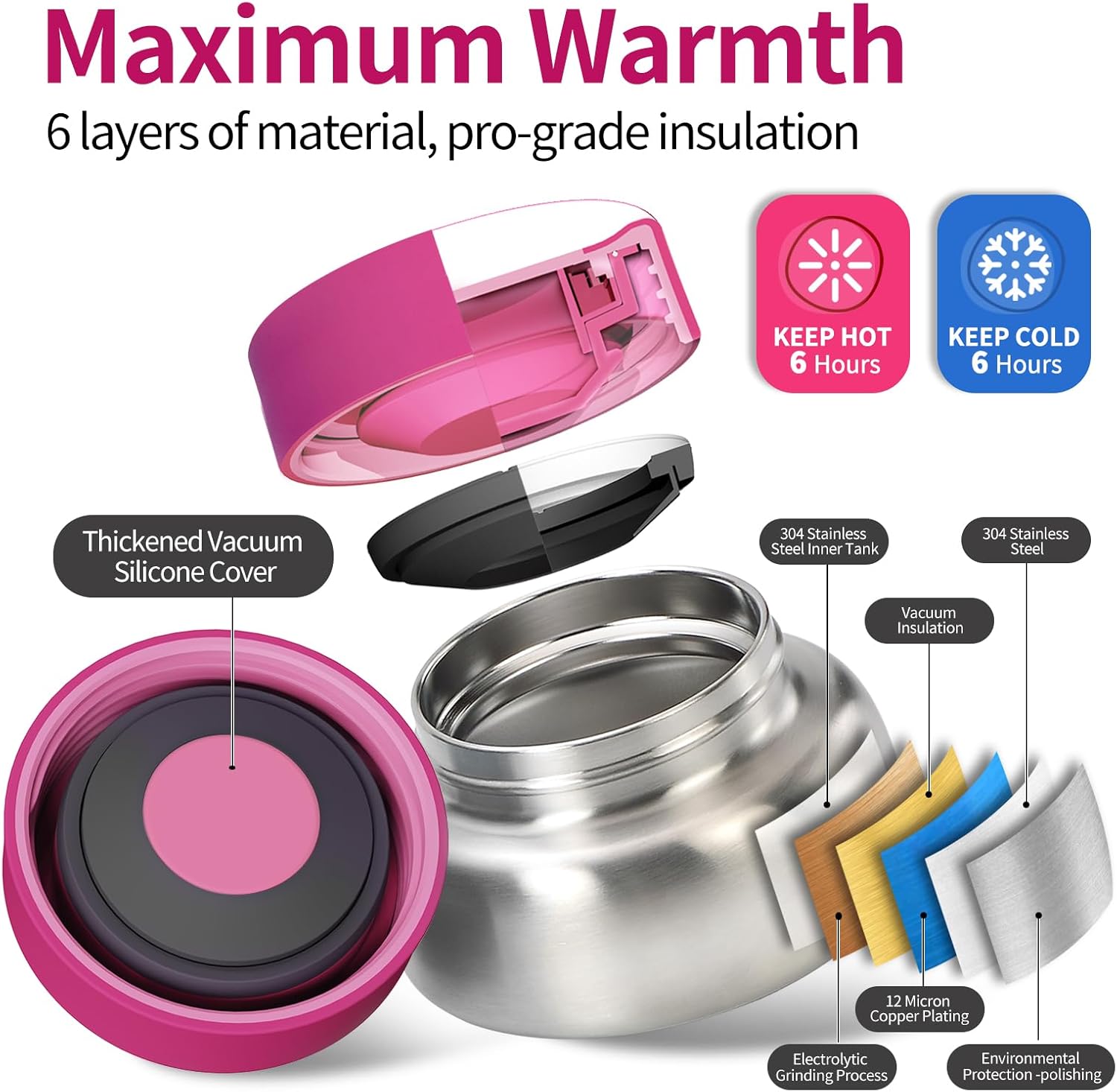Bento Box for Kids with Thermos, [Large Capacity] Insulated Kids Lunch Box with 4 Compartment for Ages 3+, Drop-Proof & Dishwasher Safe Lunchbox Container Light Pink