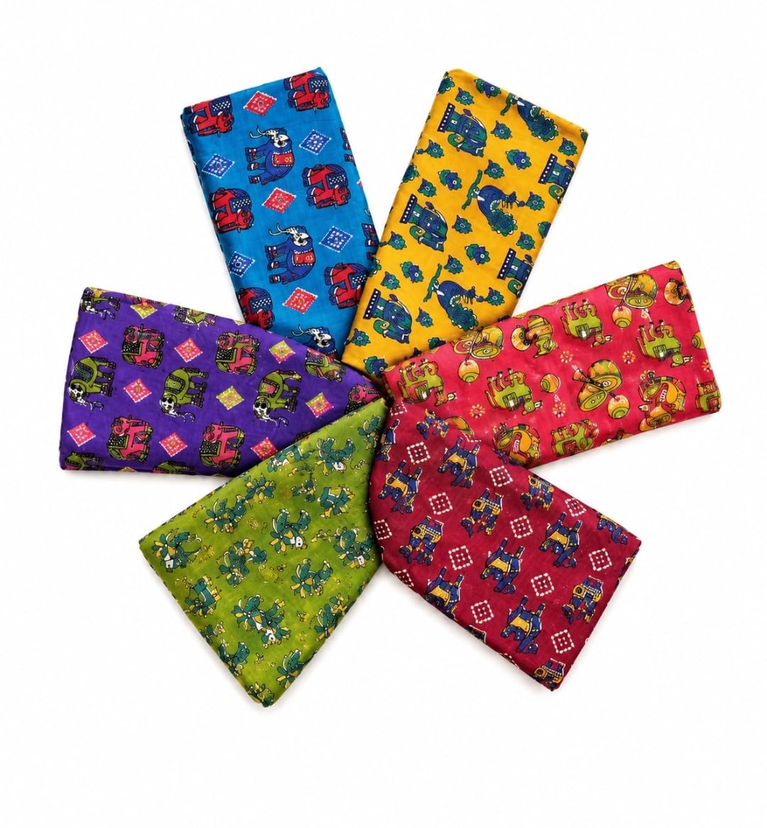 Kalamkari Cotton Unstitched Blouse Pieces, Multicolour, Traditional Elephant Motif Print, Ethnic Style, Combo Pack of 6-image-36