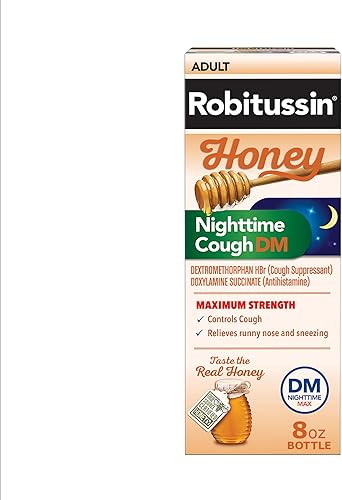 Robitussin Máxima fuerza miel para la tos nocturna DM, medicina para la tos para adultos, hecha con miel real para el sabor, botella de 8 onzas