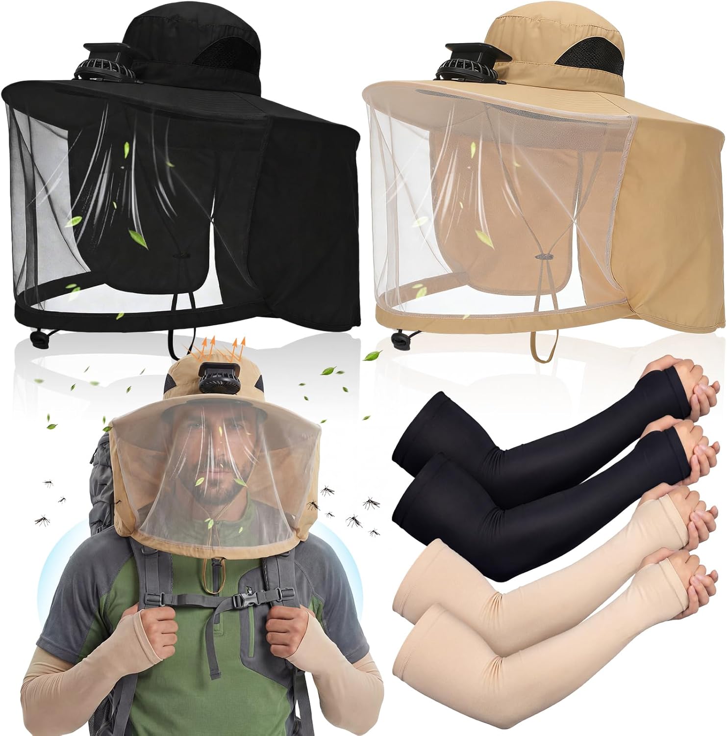 2 Set Solar Fan Hats with Mosquito Net Wide Brim Sun Hat with 2 Set Arm Sleeves for Men Women Camping Hiking Fishing Gardening Outdoor USB and Solar Powered Black, Beige