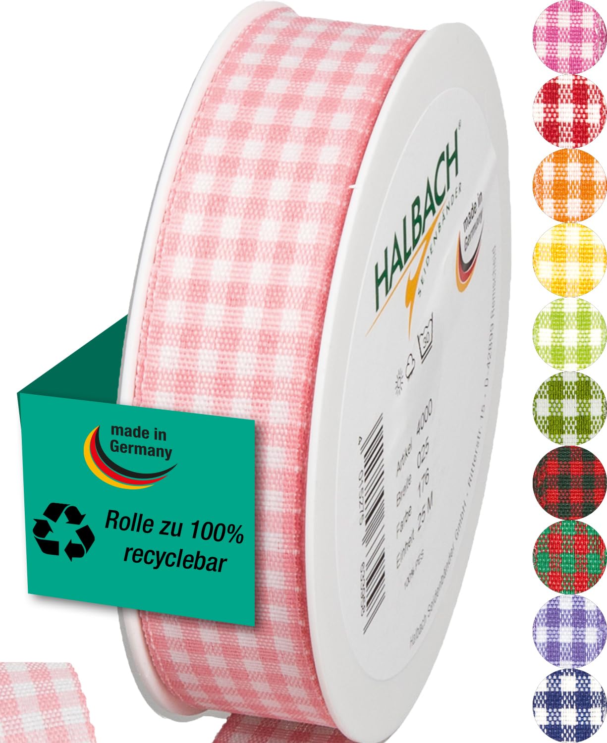 Halbach Seidenbänder Vichy 25mm Pale Pink Check Ribbon for Gift Wrapping Celebration Ribbon, Blowspink, 25 mm