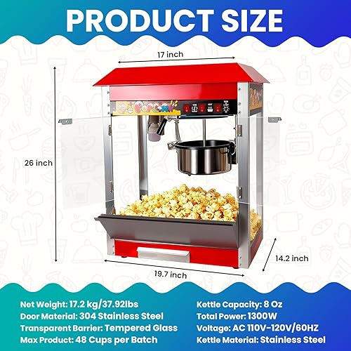 Miniatura 5 de Máquina de palomitas de maíz grande de 1300 W, máquina comercial de palomitas de maíz de 8 onzas para 48 tazas por lote, hervidor de acero