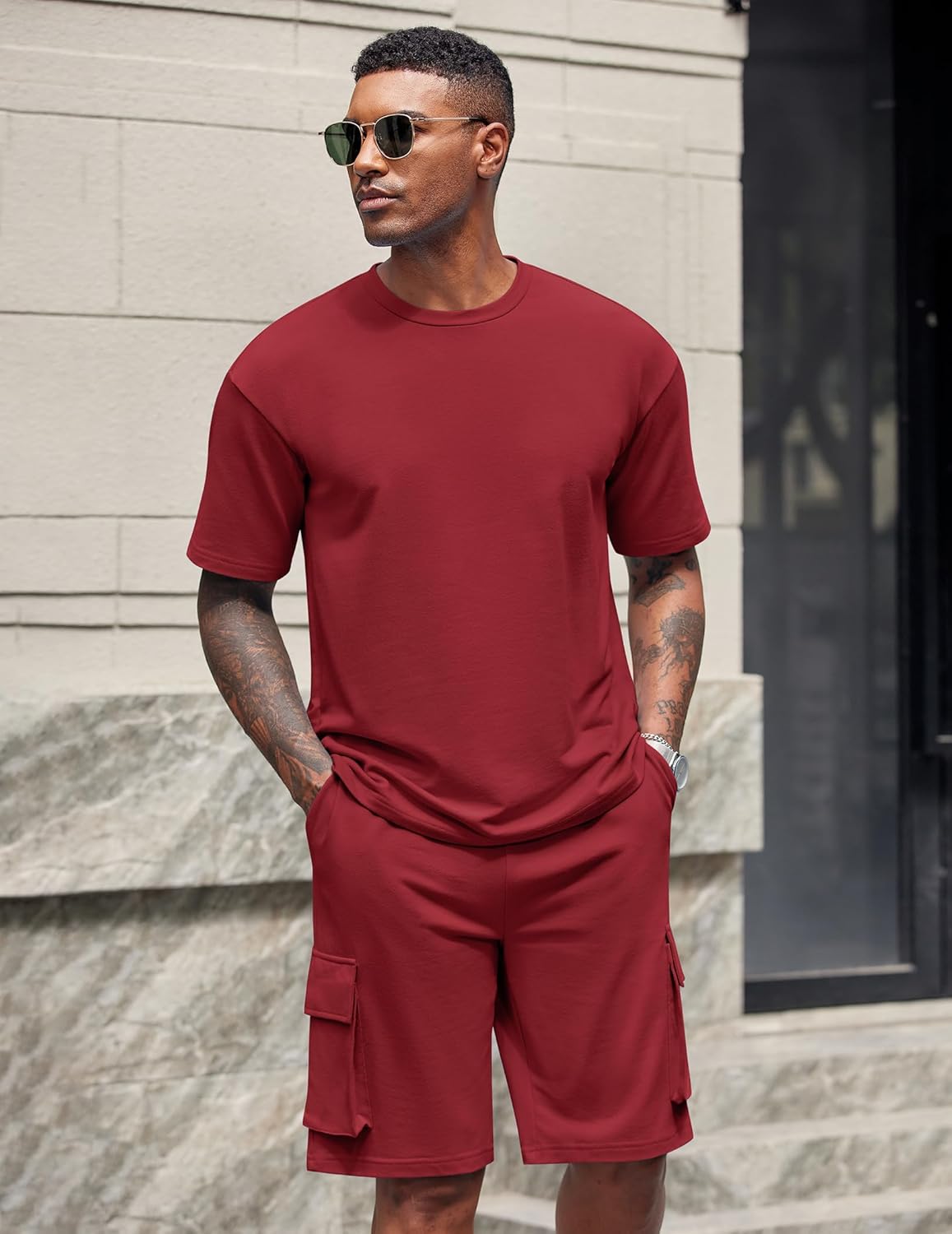 COOFANDY Men's Shirt and Shorts Set 2 Piece Fashion Summer Tracksuits Cotton Oversized T-Shirts Cargo Shorts Outfits - Image 2