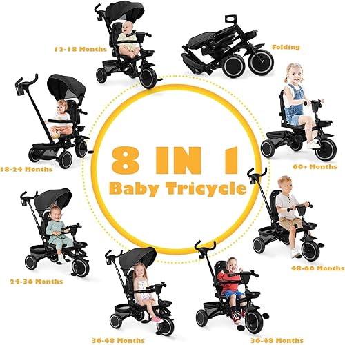 Miniatura 2 de Triciclo plegable para niños, triciclo de bebé 8 en 1 con toldo extraíble y ajustable, mango para padres, arnés de seguridad de 5 pioneros,