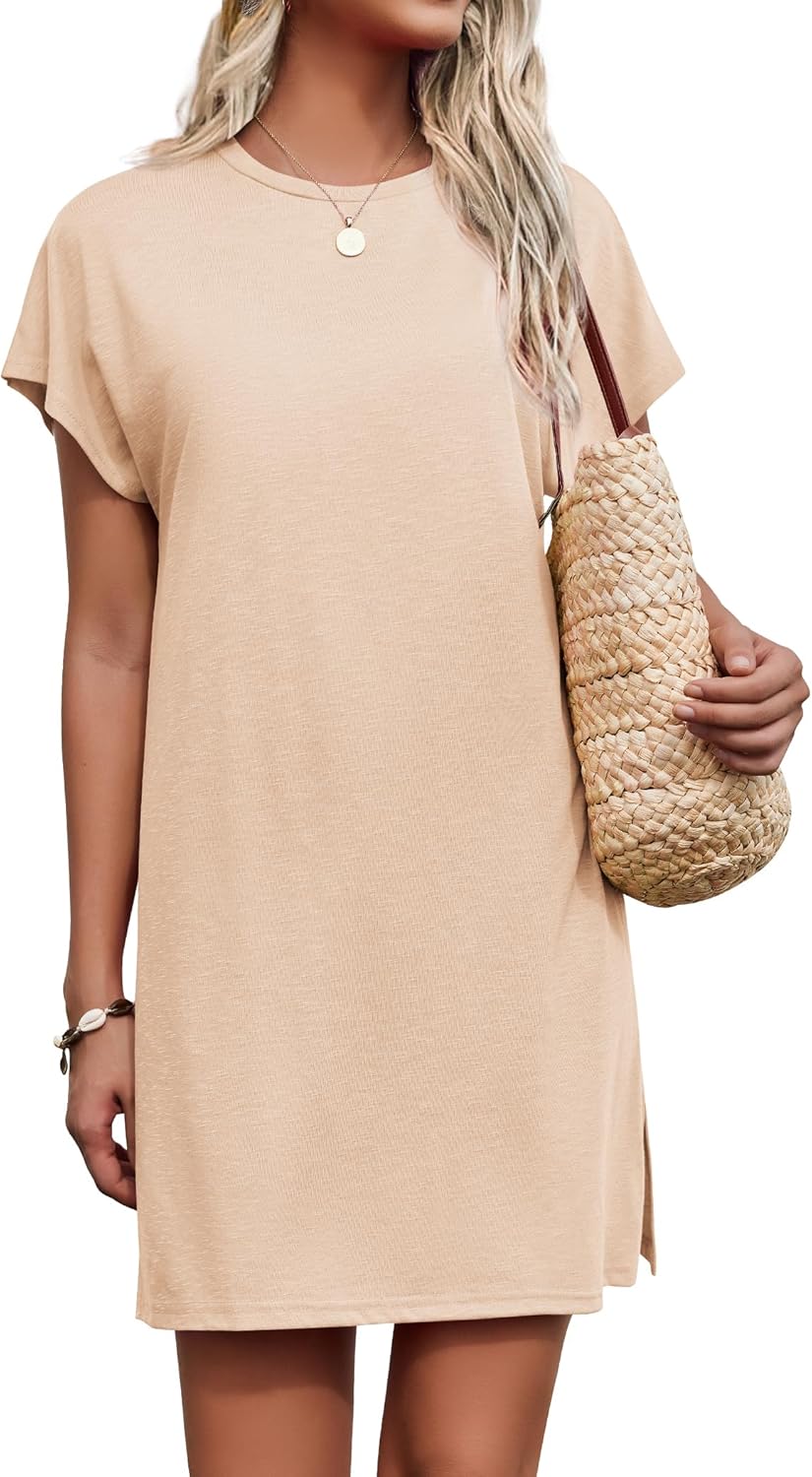 AI'MAGE Women's Coverups Short Sleeve T-Shirt Dress Casual Side Slit Loose Fit Knee Length Beach Mini Dress S-XXL