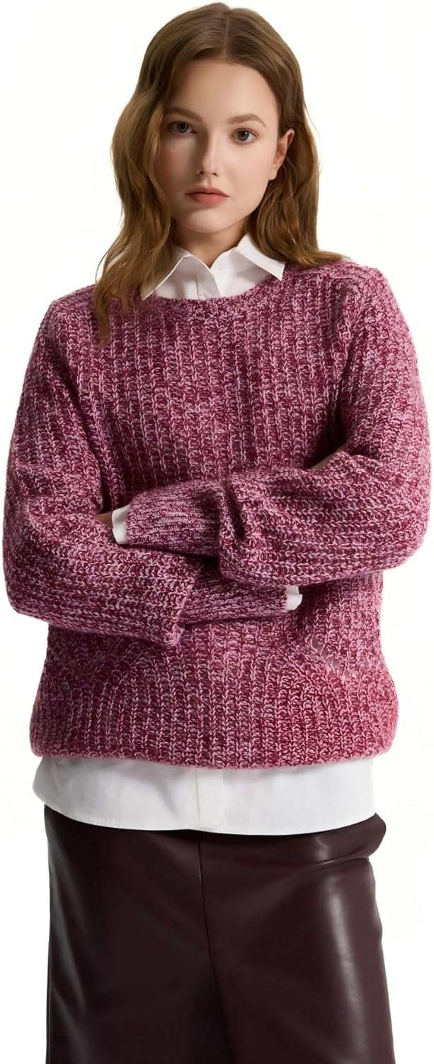 GreenMount Women Marled Cashmere Sweaters Loose Ribbed Hollow Out Crewneck Long Sleeve Pullover Sweater