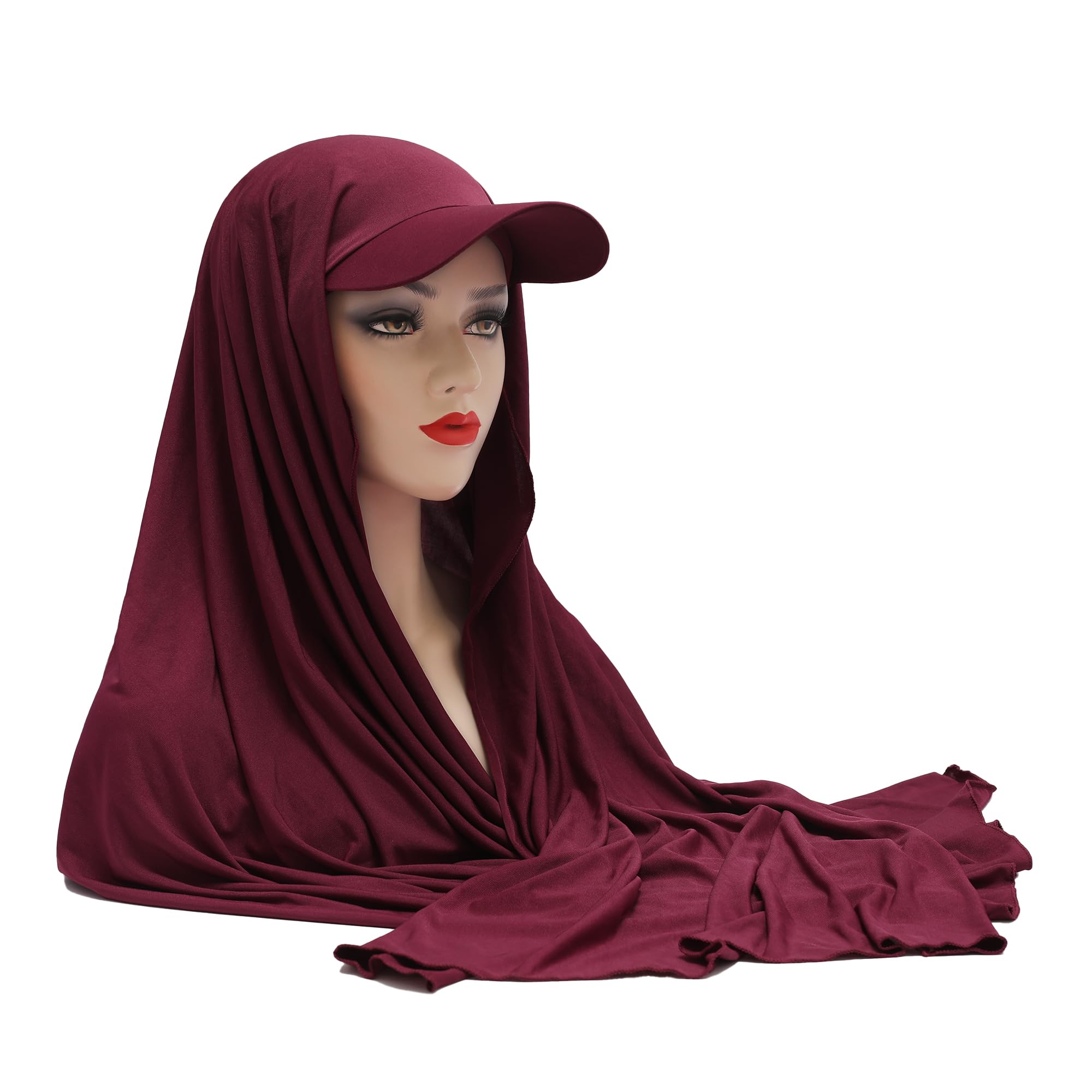 DLAPL Long Headscarf Hijabs Beanie with Baseball Visor for Muslim Women(Burgundy),One Size