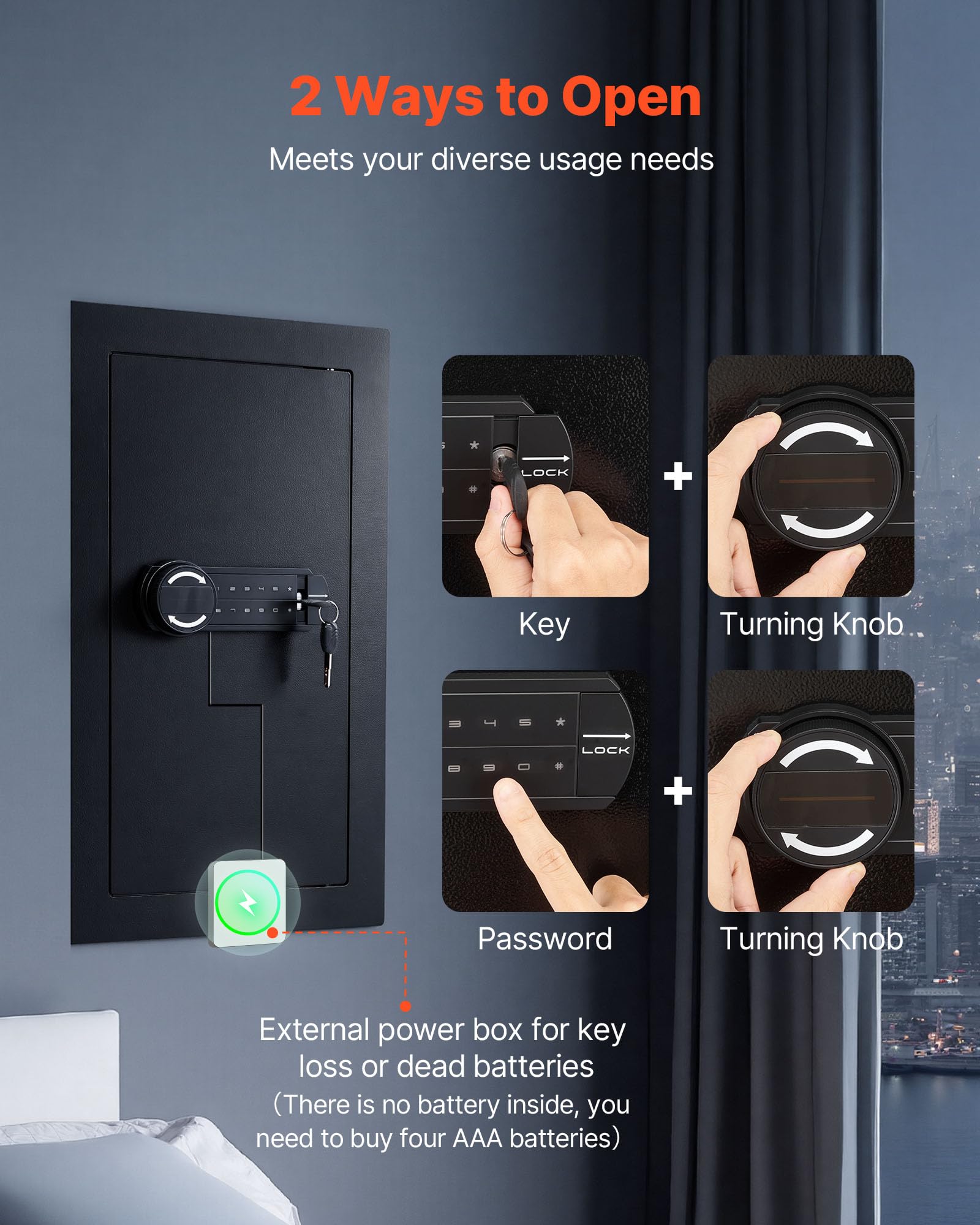 VEVOR Caja Fuerte Mural con Contraseña y Llave, Carcasa Empotrada de Acero Laminado en Frío Q235 con Estantes Ajustables e Iluminación LED, para Dinero, Joyas y Pasaporte, 102 x 370 x 630 mm, Negro