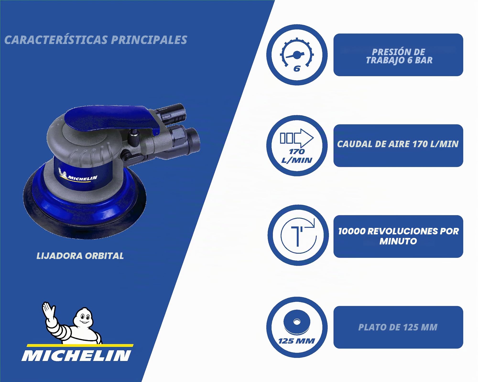 MICHELIN - Lijadora de Palma - Disco 125 mm Velcro - Consumo de aire: 170 l/min - Presión de funcionamiento: 6 bar