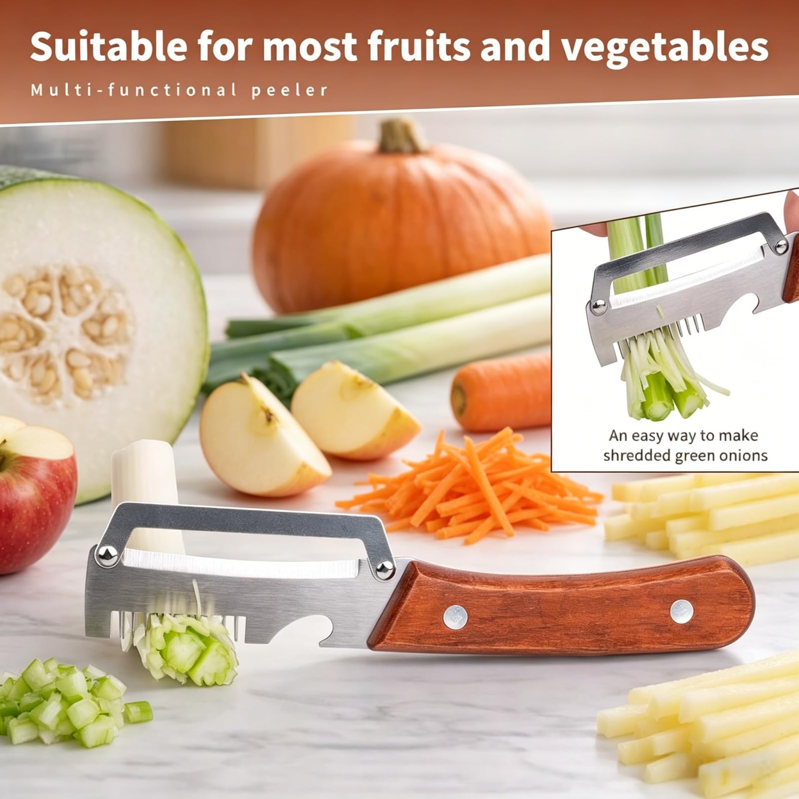 NEW Premium Vegetable Peeler with Wooden Handle and Bottle Opener: 2-in-1 Stainless Steel Kitchen Tool for Fruit Apple Potato Pumpkin Papaya (1Pack) — view 2