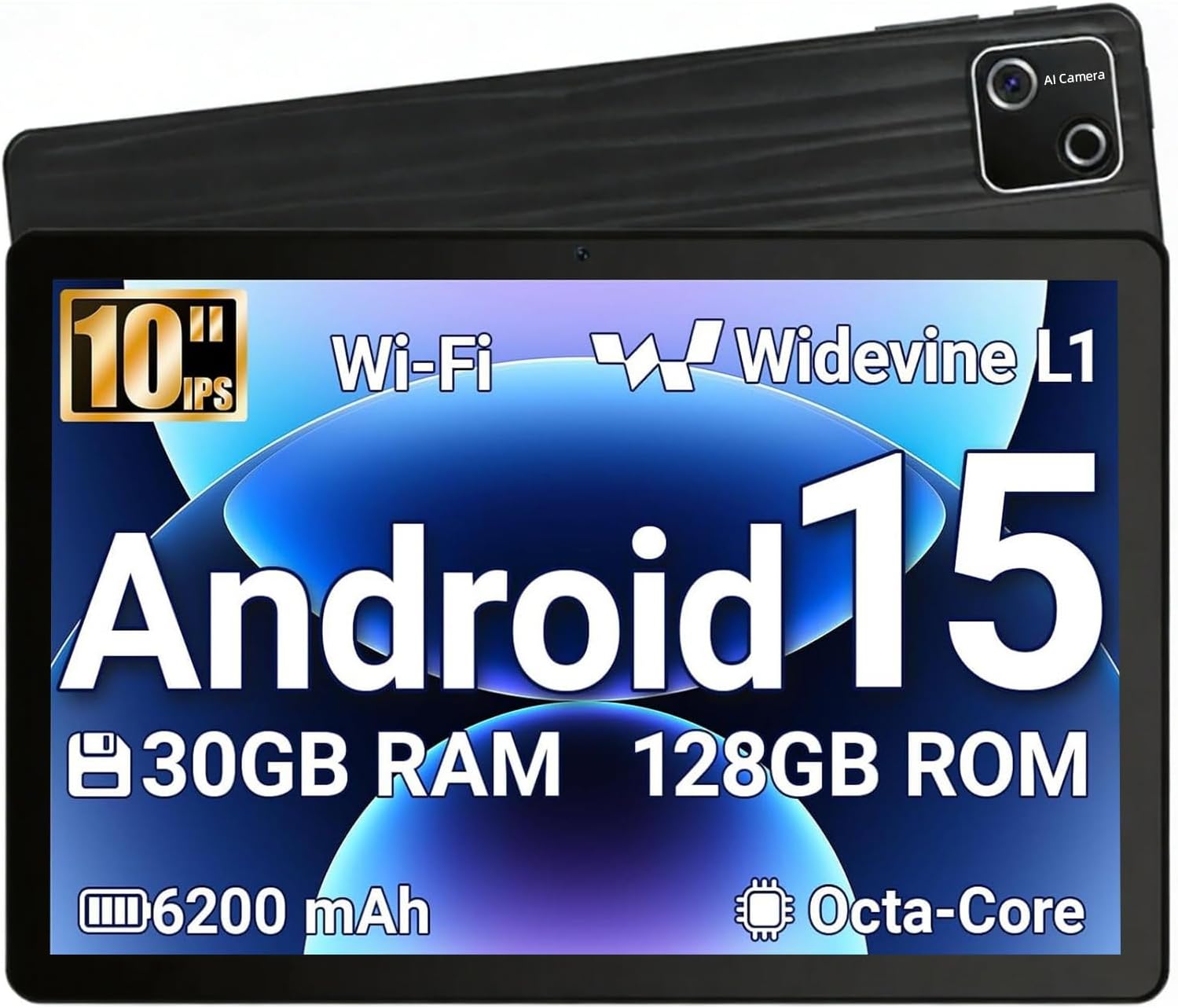 Evermyth Tablet, 10 Inch Android 15 Tablet, 30GB RAM 128GB ROM 2TB Expand, 6200mAh Fast Charging, Octa-Core Processor, 1280×800 HD IPS Screen, Dual Camera, WiFi 6, BT 5.4（Black）