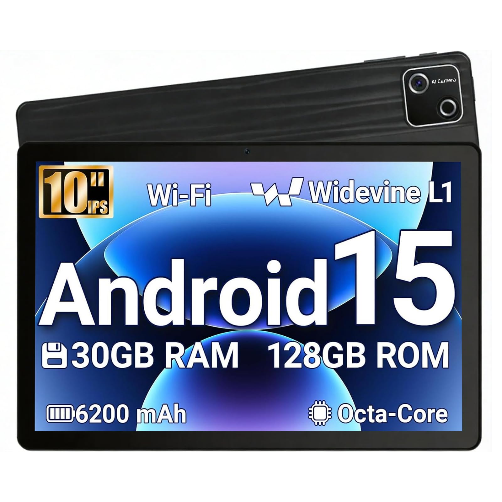 Evermyth Tablet, 10 Inch Android 15 Tablet, 30GB RAM 128GB ROM 2TB Expand, 6200mAh Fast Charging, Octa-Core Processor, 1280x800 HD IPS Screen, Dual