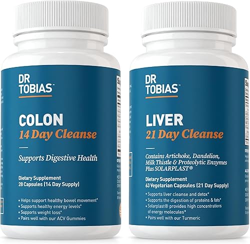 Dr. Tobias Colon 14 Day Cleanse & Liver 21 Day Cleanse Suplementos con fibra, hierbas y probióticos, Solarplast, alcachofa, cardo mariano, apoya la