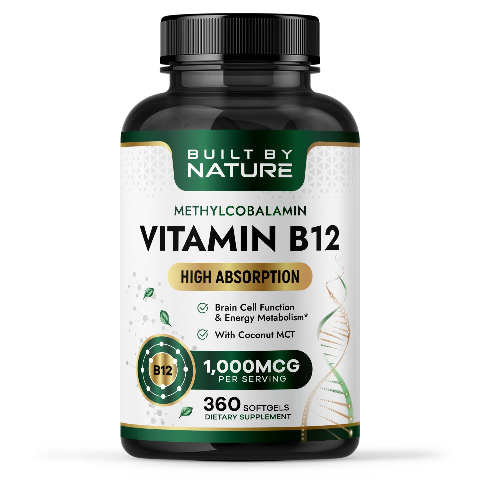 Built by Nature Vitamin B12 1000 mcg Methylcobalamin Softgels, 360 Count Extra Strength, Fast Dissolve, Energy Metabolism & Nervous System Health, Non GMO, 1 Year Supply