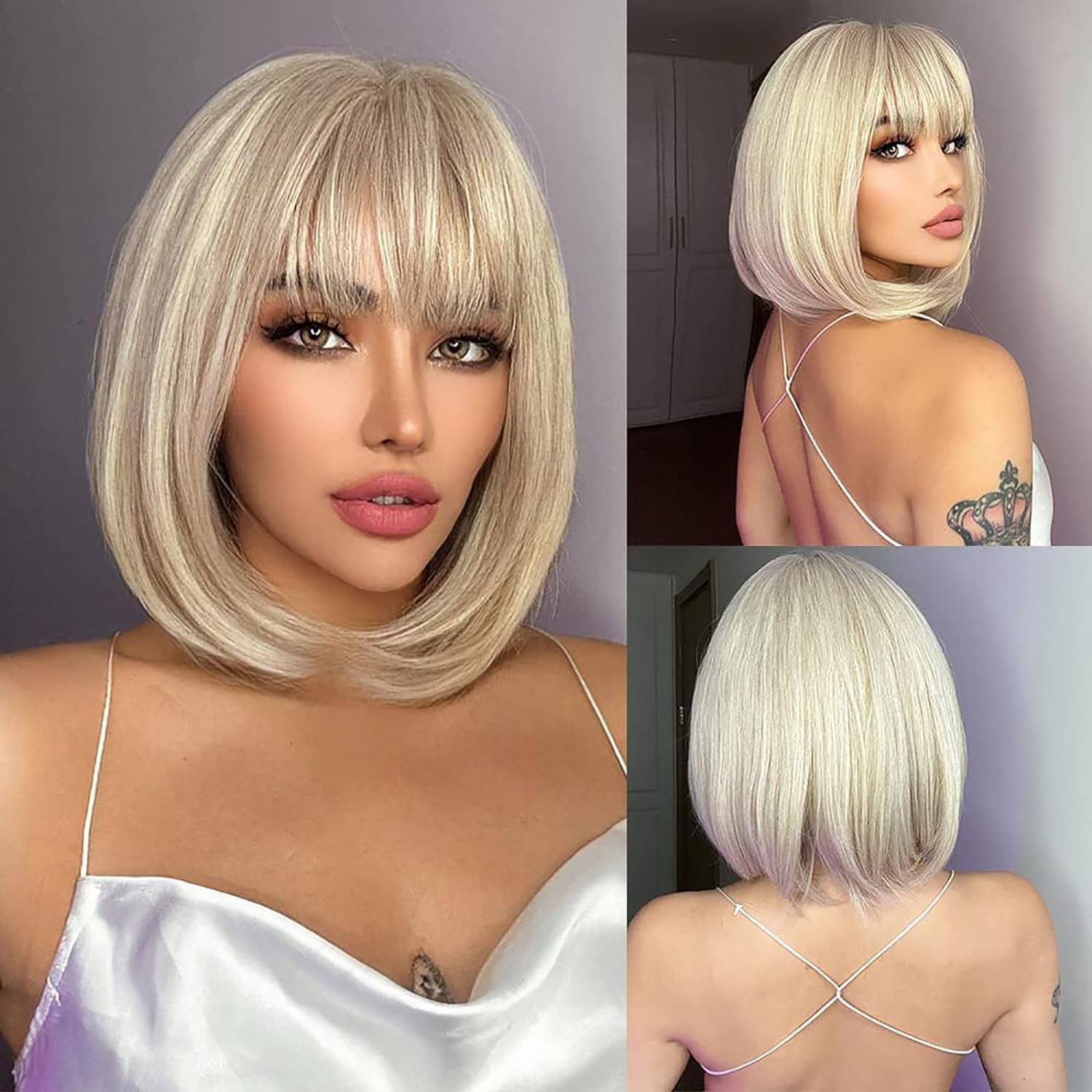 KBH Wigs for Women, Shoulder-Length Layered Hair with Dark Roots, Synthetic Short Wig with Fringe for Daily or Cosplay (12inch, platinum blonde)