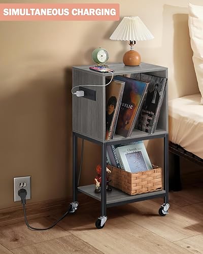 Miniatura 4 de MOOACE Mesa de tocadiscos, estante de vinilo con puertos USB y tomas de corriente, gabinete de soporte para almacenamiento de hasta 90 álbumes,