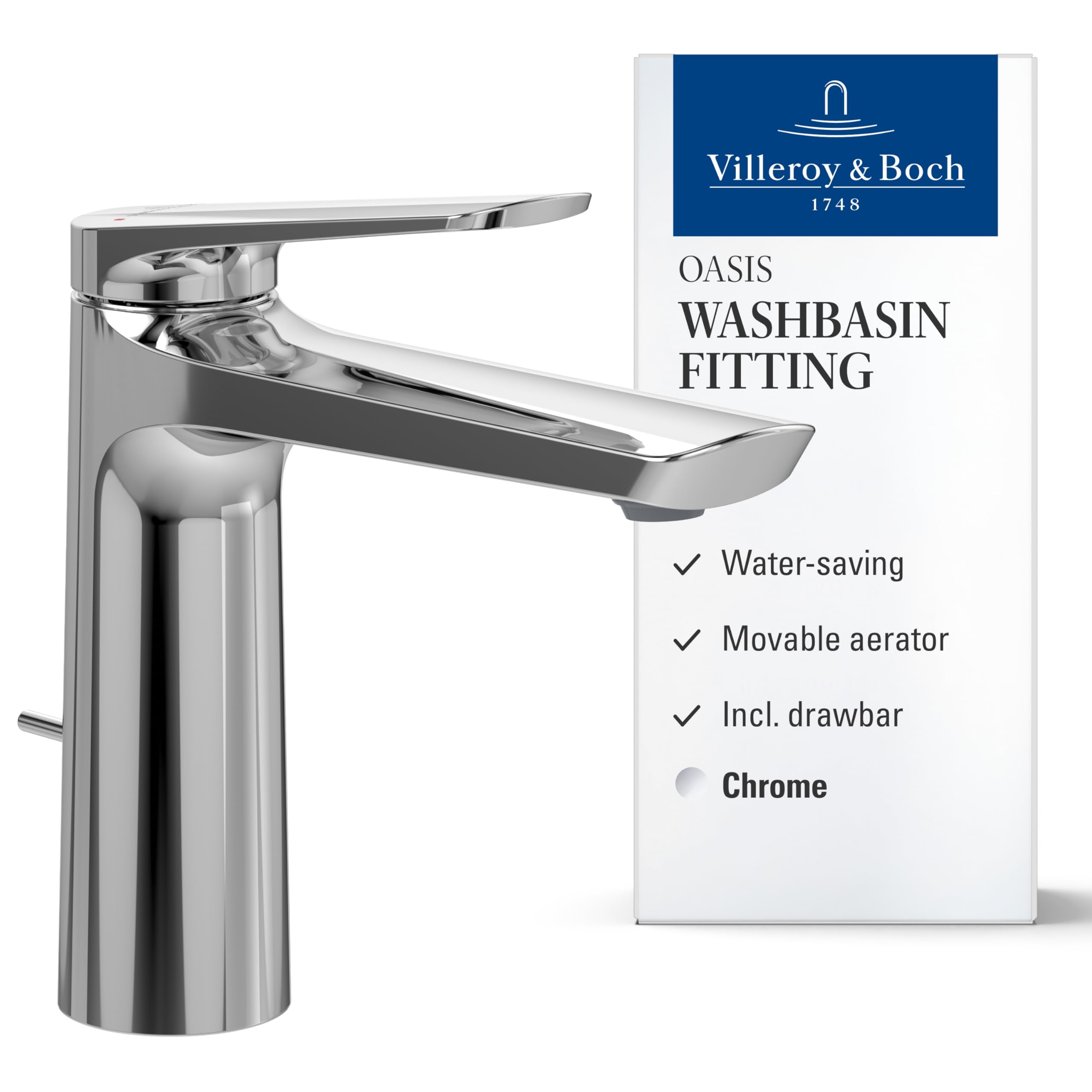 Villeroy & Boch Oasis washbasin tap with Draw bar - Bathroom tap with Ceramic Cartridge - Water-Saving and Easy-Care washbasin tap - spout Height 114 mm - Round Bathroom tap in Chrome