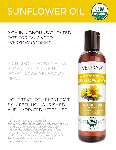 Miniatura 2 de velona Aceite de girasol orgánico certificado por la USDA, 4 onzas, aceite portador 100% puro y natural, alto contenido de oleico, refinado,