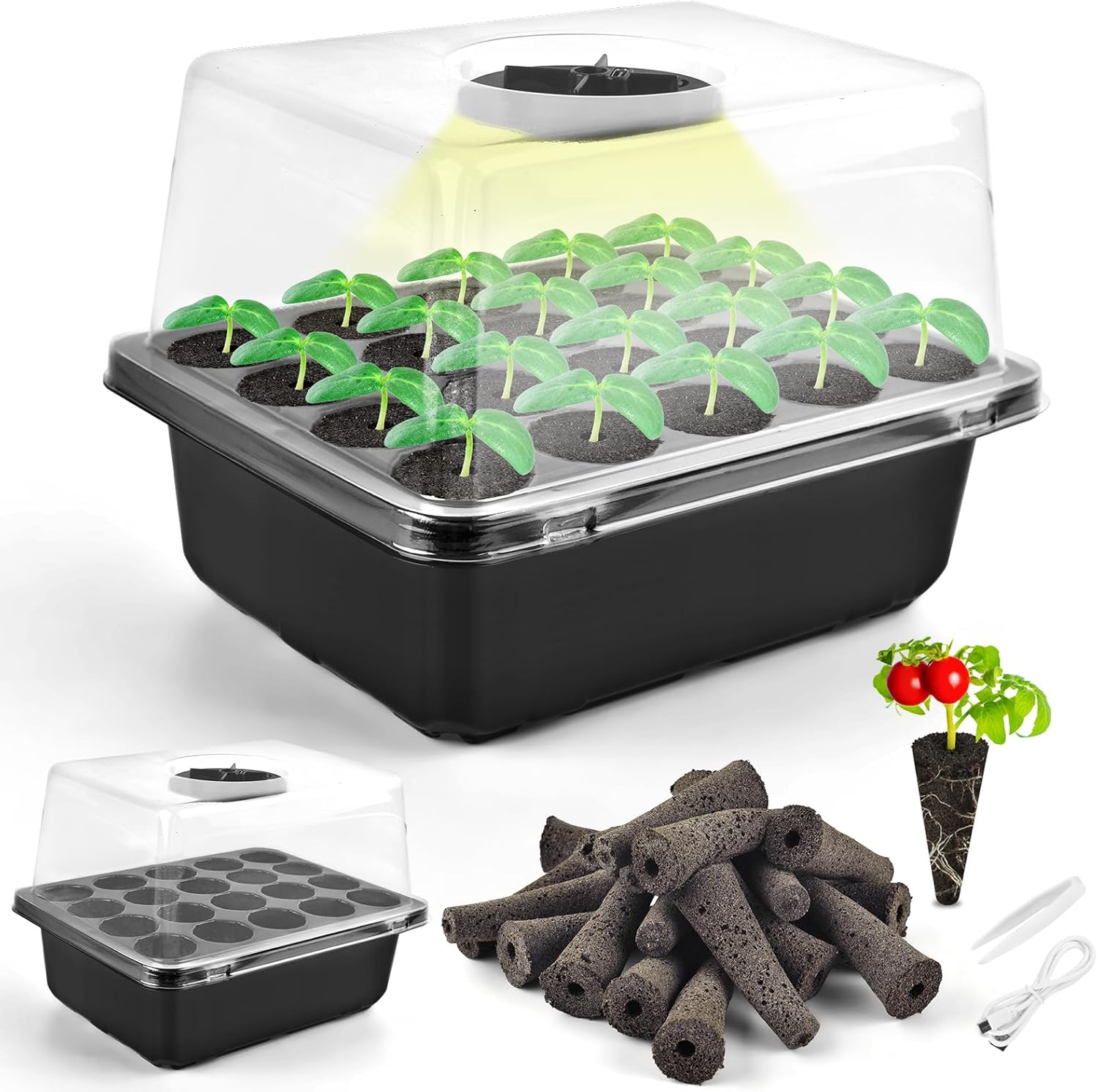 PACETAP Seed Starter Tray with Grow Light, Seedling Starter Trays Kits Includes 20 Plant Sponges, Domes and Clear Cell Tray, 20 Cells Plant Trays for Plants Indoor & Greenhouse & Gardens