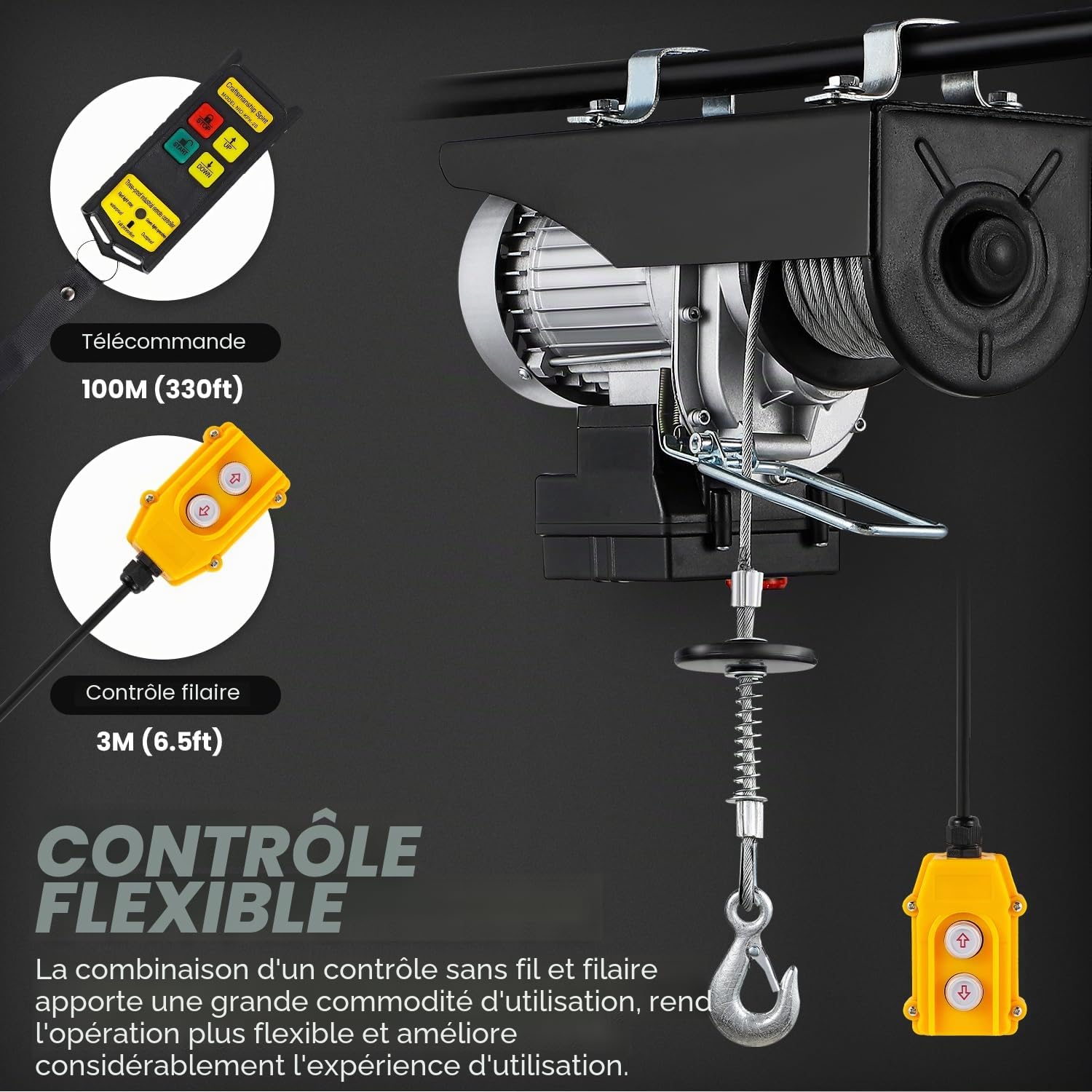 Mxmoonant Palan électrique, 200/400kg, type rapide 10/20m/min, 6/12m | commande sans fil et câblée, 1600W
