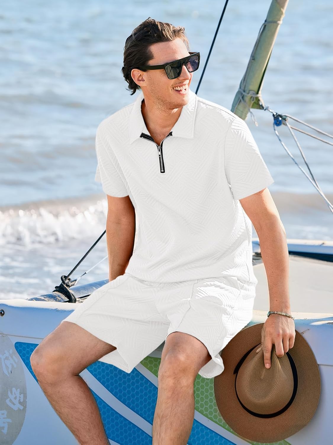 Runcati Mens Summer Track Suits Short Sleeve 1/4 Zip Golf Polo Shirts 2 Piece Shorts Sets Casual Textured Sweatsuit Outfits - Image 4