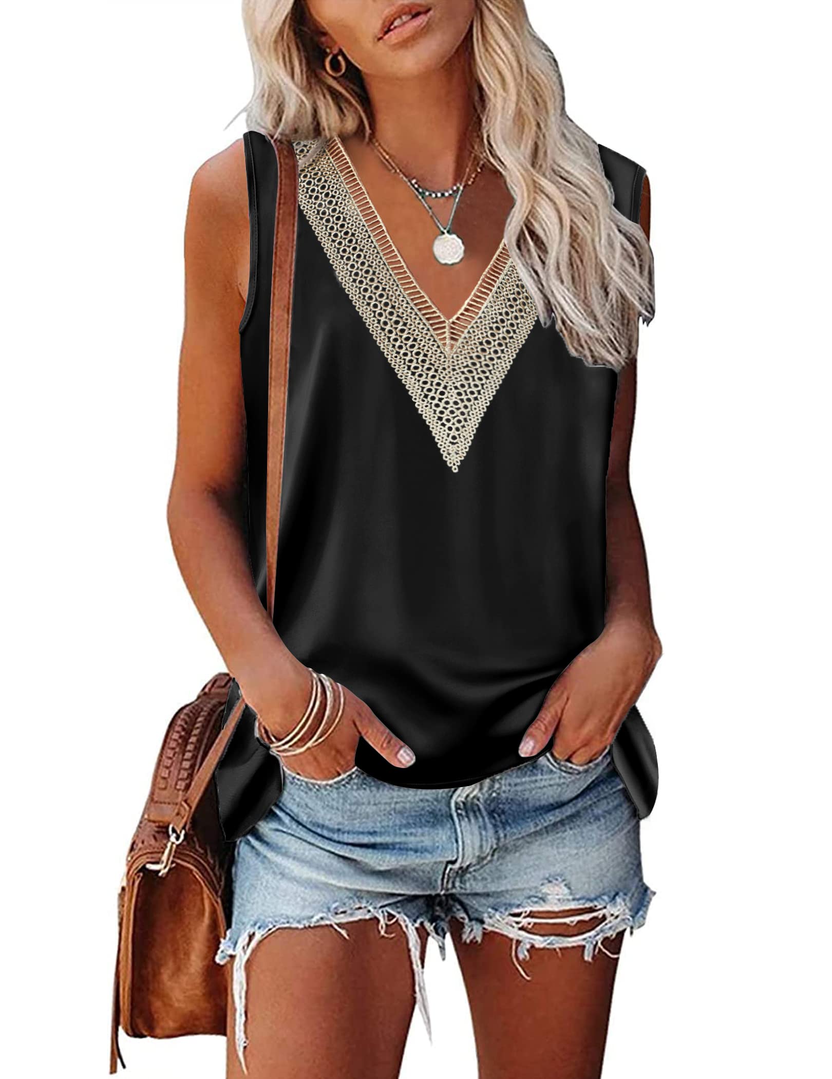 Zeagoo Womens 2023 Trends Silk Satin Tank Tops V Neck Lace Summer Tops Sleeveless Loose Fit Shirts Blouse