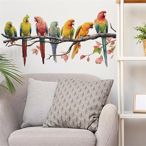 Miniatura 5 de Calcomanías de pared de pájaros y loros con ramas de árbol, coloridas y bonitas, calcomanías de pared removibles para sala de estar, dormitorio,