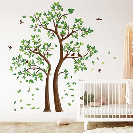 decalmile Green Tree Wall Stickers Flying Leaves Birds Wall Decals Bedroom Living Room Sofa TV Background Wall Decor