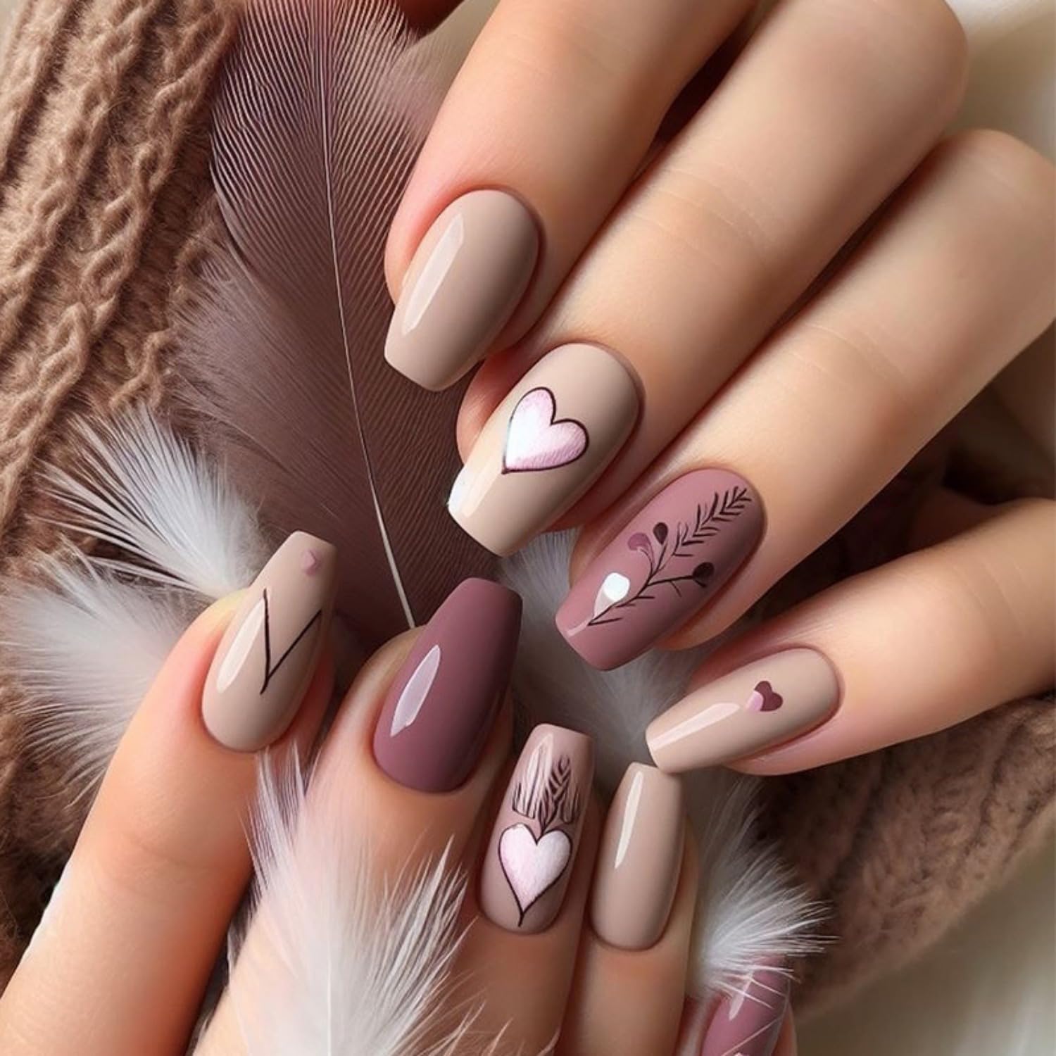 Medium Press on Nails Coffin Press on Nails Brown Fake Nails with Designs Glossy Flower Glue on Nails Hollow out Heart False Nails Valentines Nails