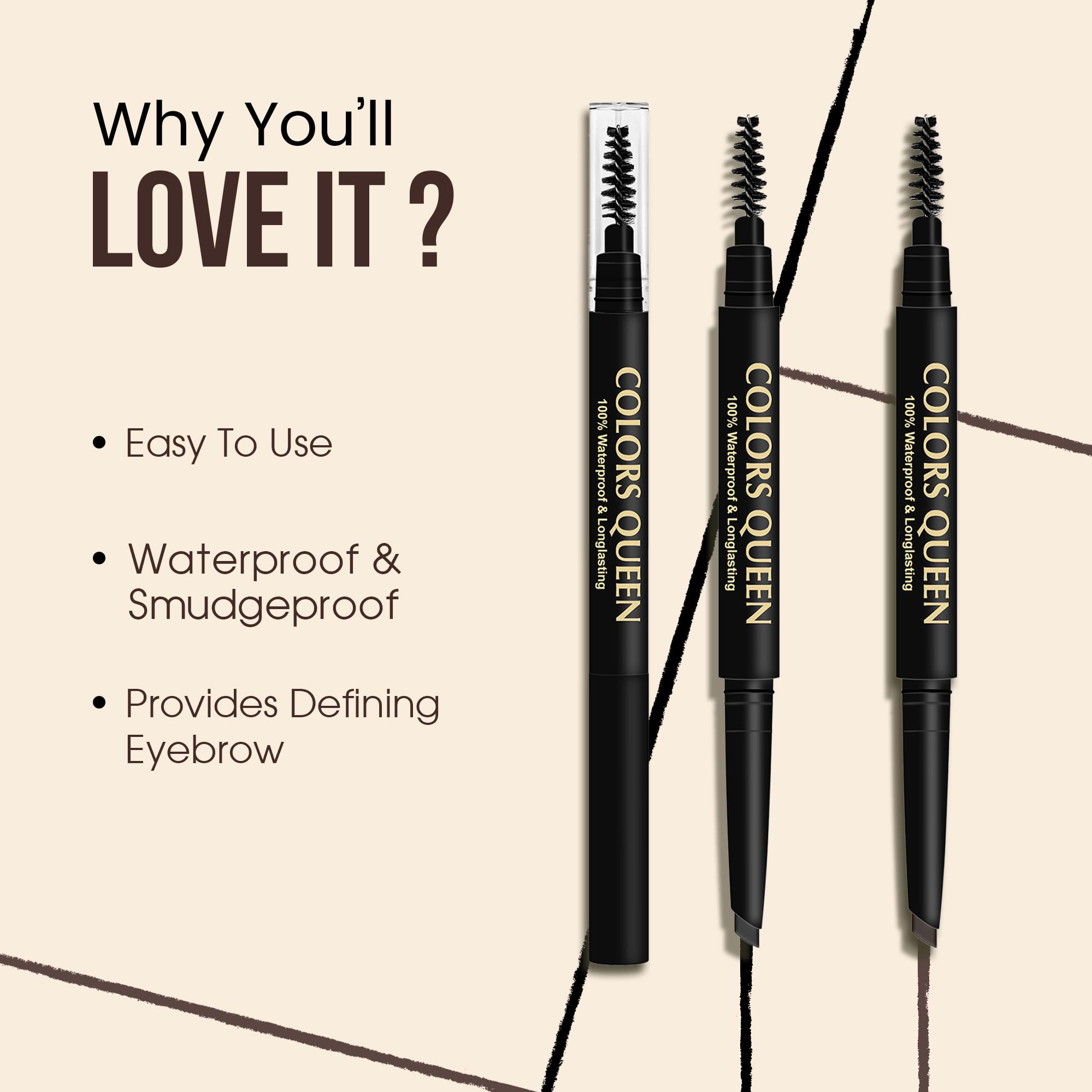 Colors Queen Brow Master Eyebrow Definer Pencil with Spoolie | Natural Looking Brows | Smudge Proof, Waterproof and Long Lasting Eyebrow Pencil (Black) - Image 2 thumbnail