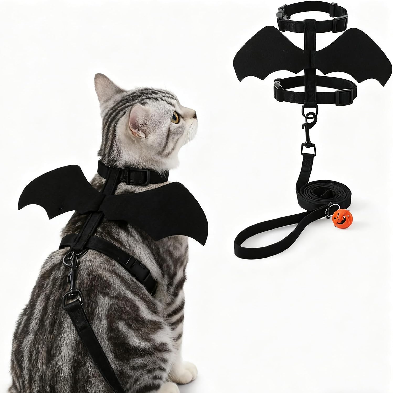 Halloween Bat Wing Pet Harness & Leash Set with Pumpkin Bell, M | Cute bat wings and pumpkin jingle bell, spooky fun for parties, photos, walks, cosplay