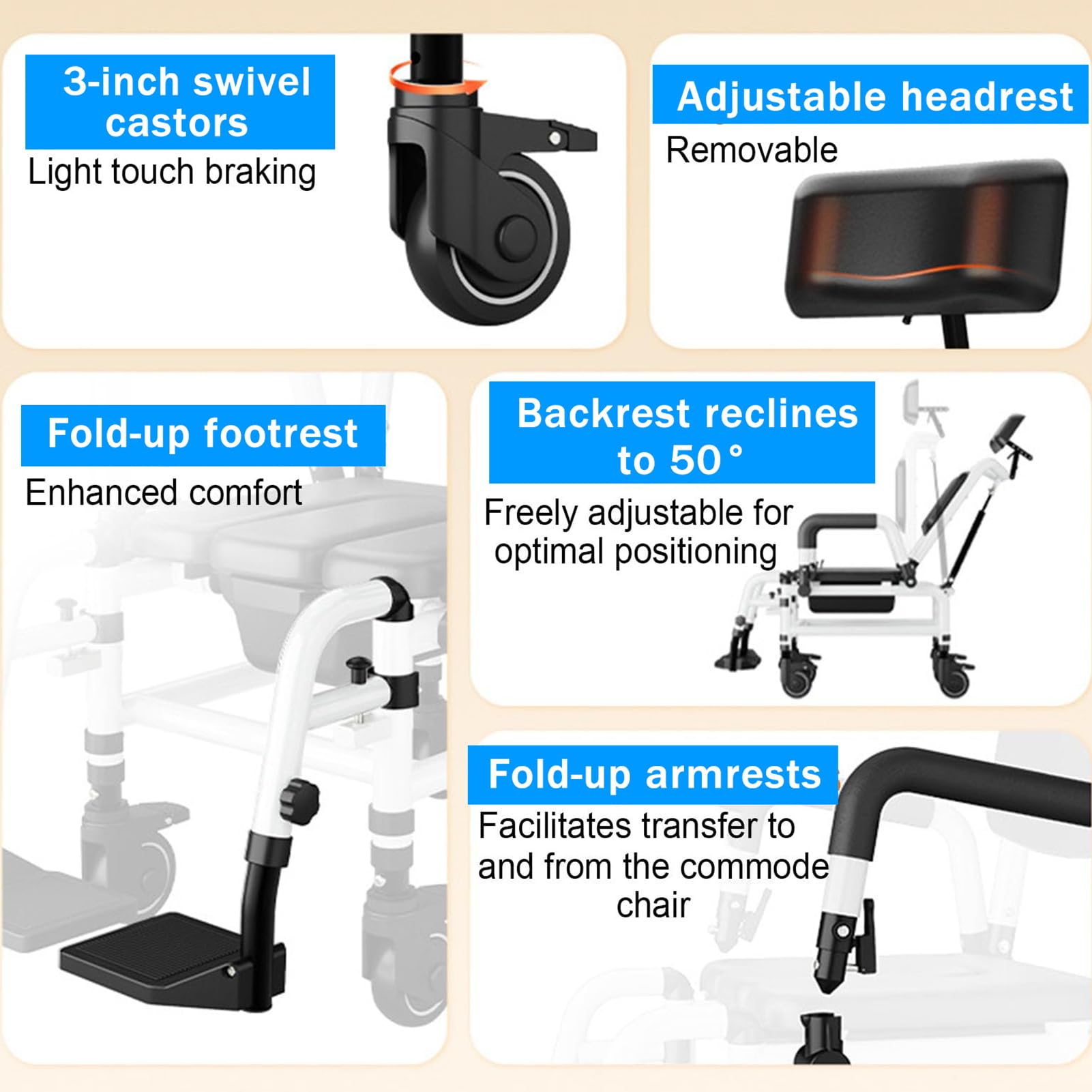 Silla WC Personas Mayores, Silla de Ducha con Ruedas para Inodoro Multifunción, para Personas Mayores, Silla de Ruedas a Prueba de caídas con Inodoro, Cubo extraíble