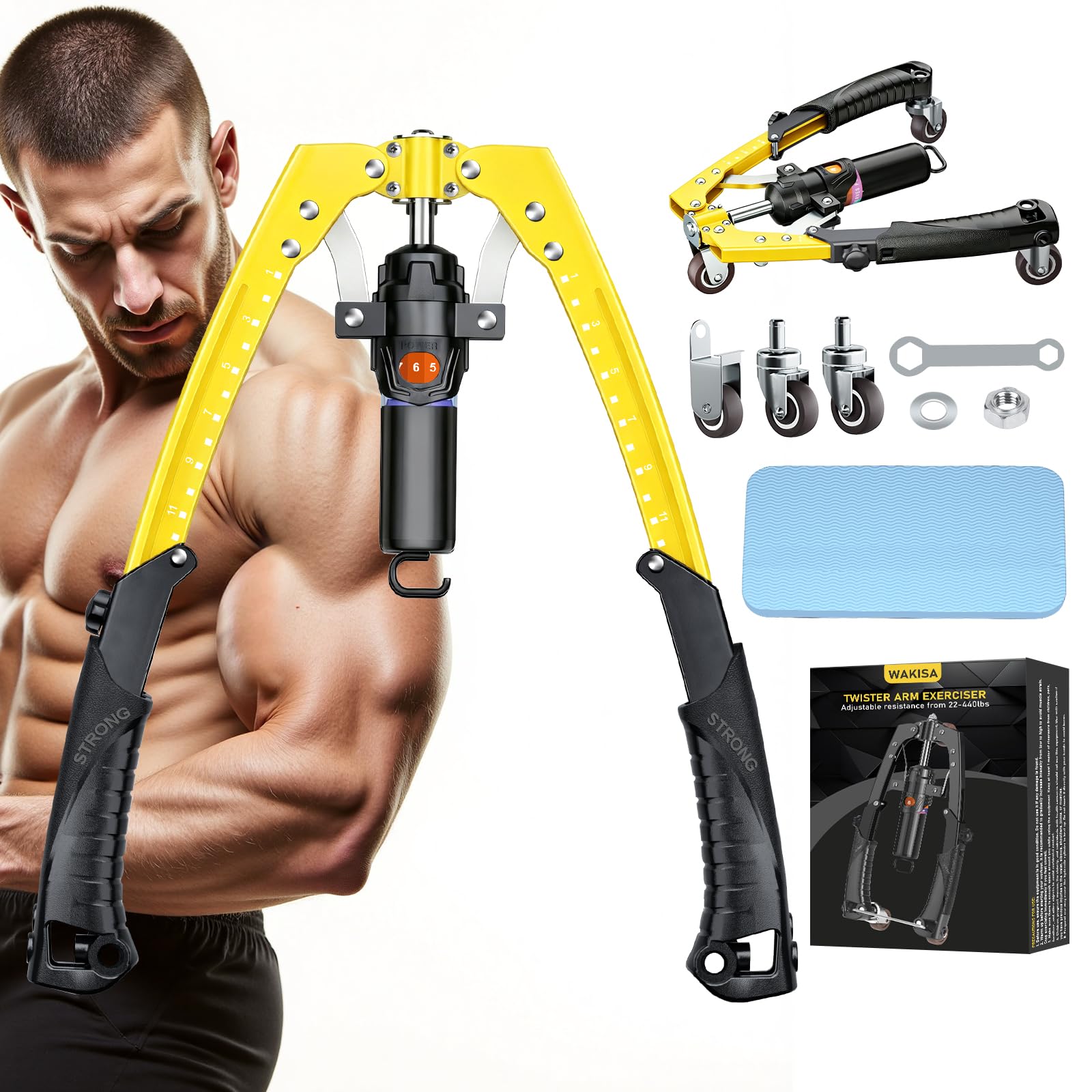 Twister Arm Trainer, 3 in 1 Hydraulic Power Chest Workout Equipment with Ab Roller Wheels and Hooks, Adjustable 22-440lbs Arm Trainer for Men Women, Home Gym Equipment for Full Body Strength Training