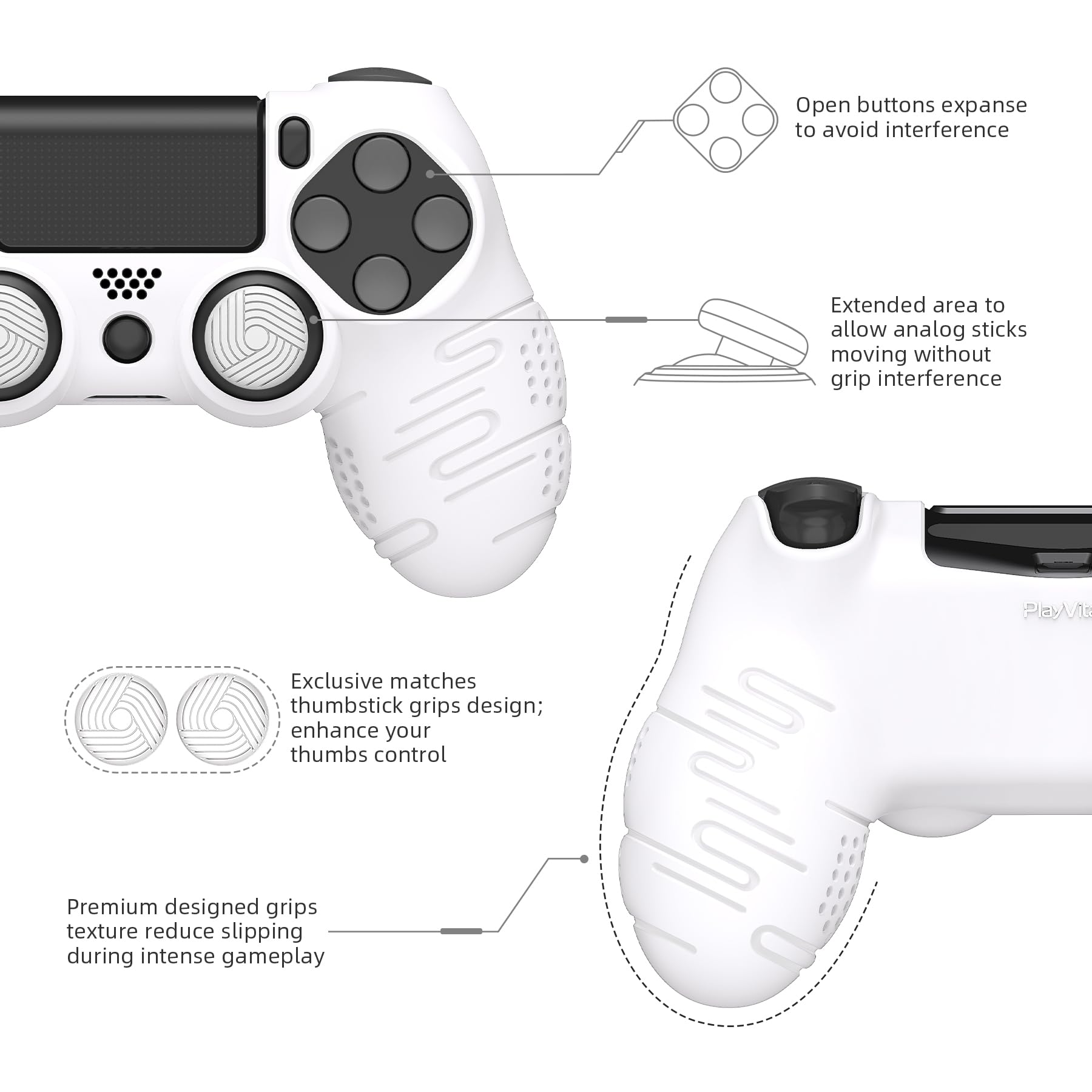 PlayVital Cover per ps4 Controller,Custodia Skin Protettiva Silicone Antiscivolo per ps4 Slim Pro Joystick con Gommini Copri Levette Analogiche(Linea&Punto Edizione)-Bianco
