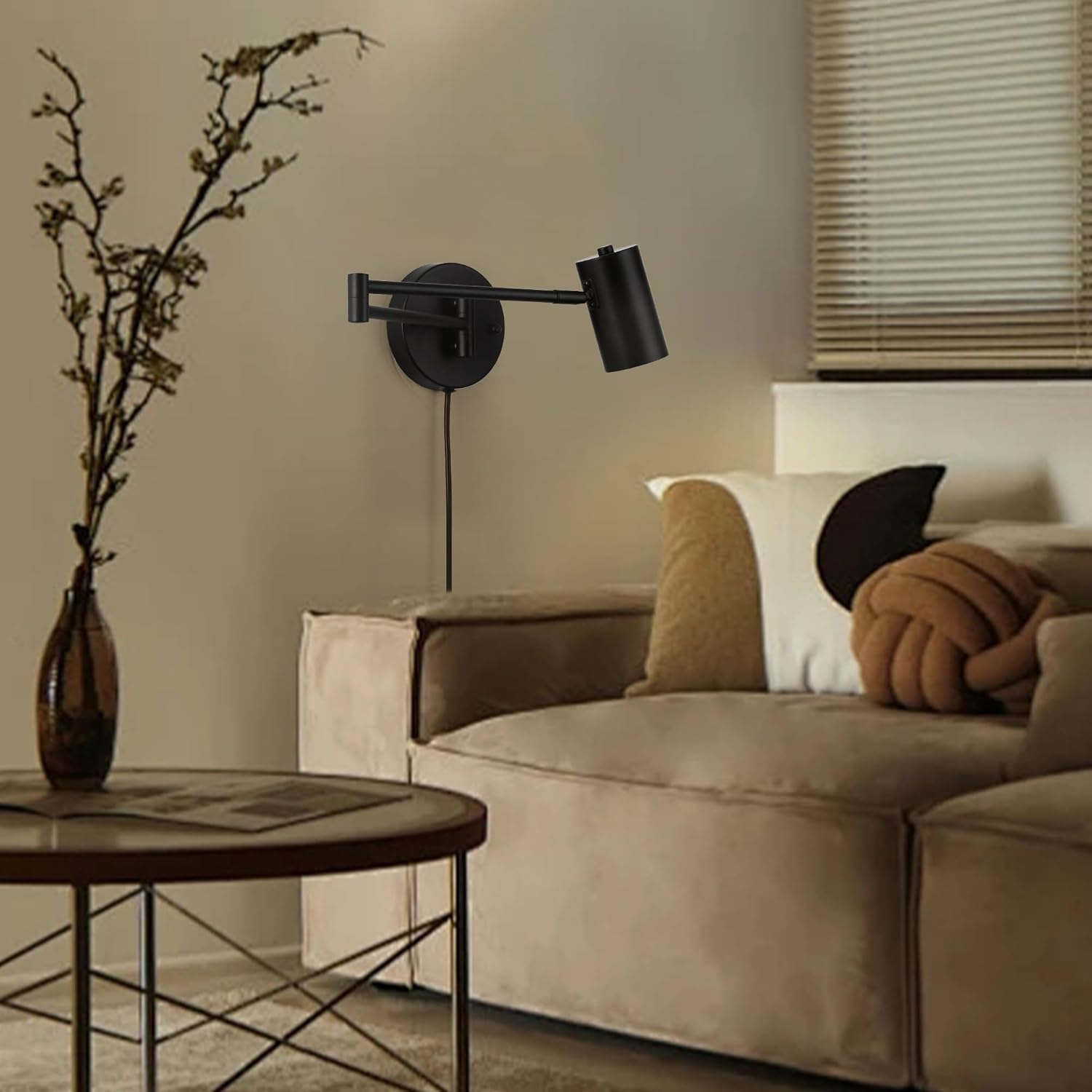 SUNLLOK Modern Black Swing Arm Wall Sconce with Plug in Cord - Industrial Adjustable Ceiling Hanging Wall Light Fixture - Indoor Metal Rustic Reading Wall Lamp Decoration for Living Room Kids Bedroom