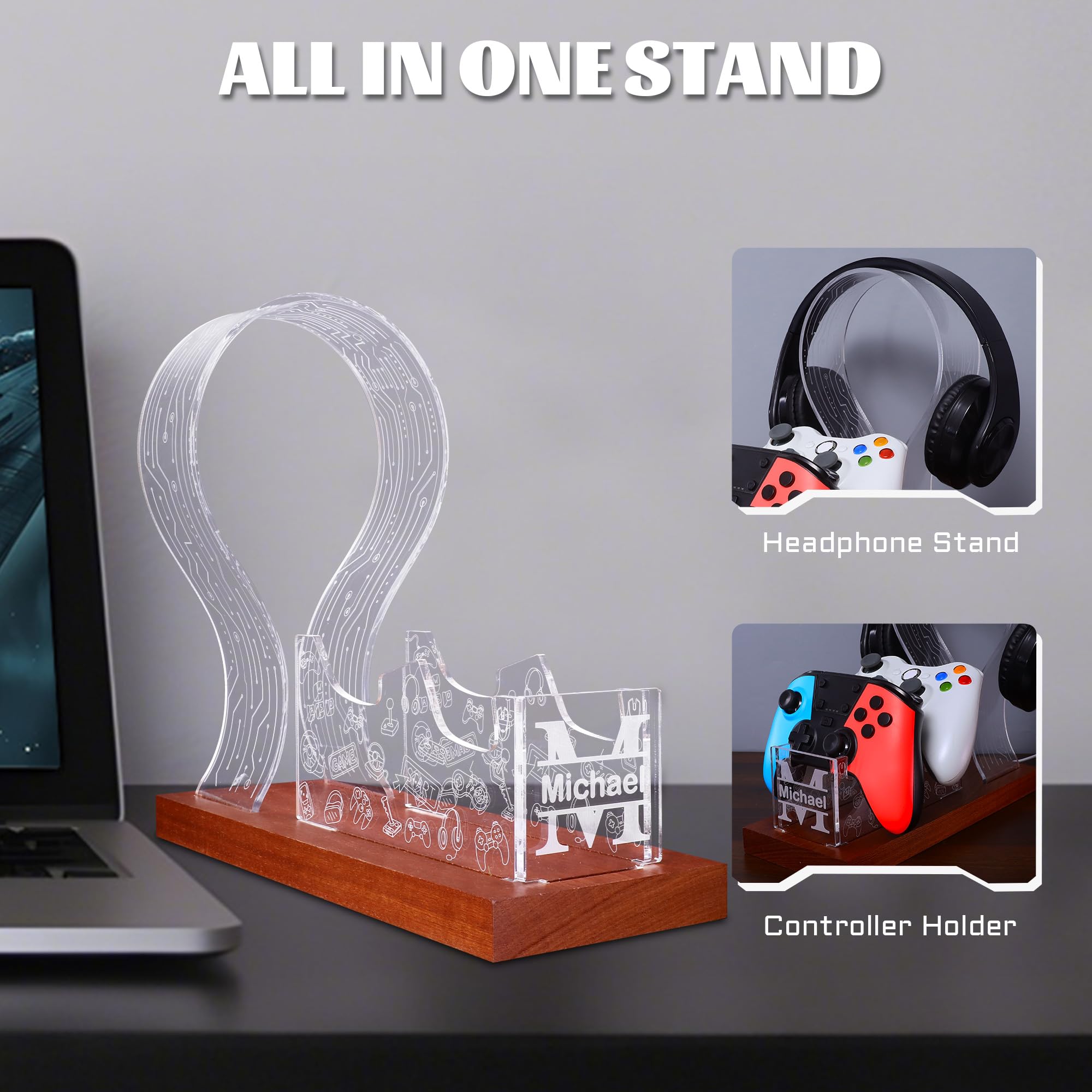 YuanDian Regalos para jugadores adolescentes, auriculares de escritorio y soporte de controlador con luz nocturna LED azul y rosa, soporte de controlador de madera acrílica con patrón de PCB, regalo
