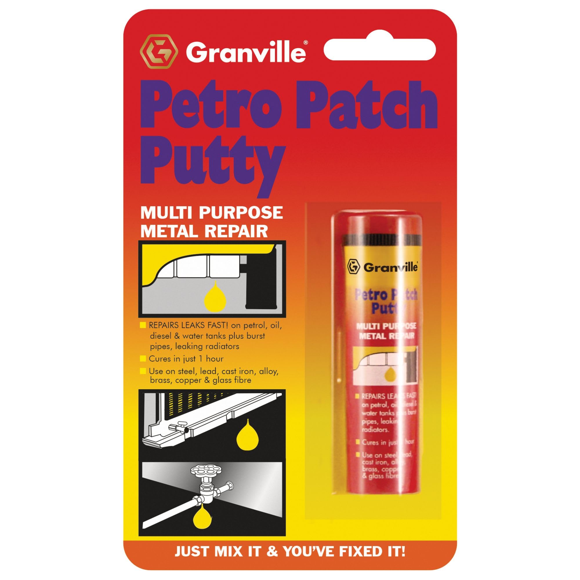 Granville Petro Patch Putty – 50g | Steel Reinforced Epoxy Putty for Petrol – Diesel & Water Tank Repairs | Quick Curing – Rust Resistant – Drills & Paintable | High Temperature Resistant Repair Putty