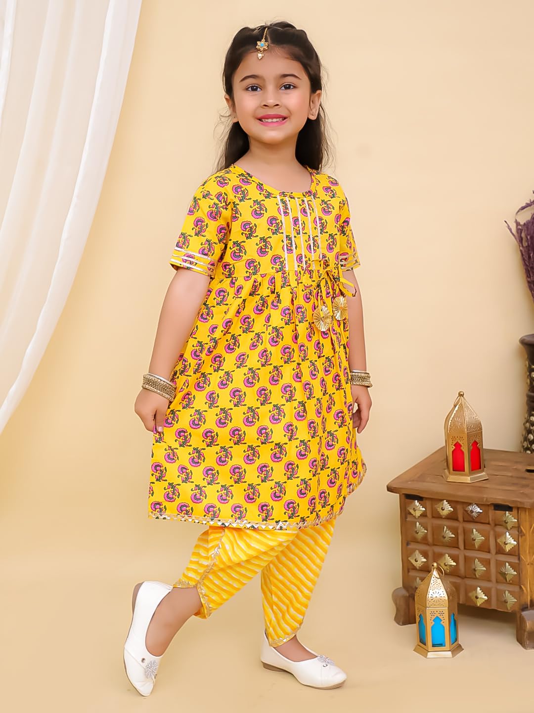 superminis Cotton Blend Baby Girls Printed Frock Style Kurti With Dhoti Style Salwar Ethnic Dress & Outfit (Yellow, 12-18 Months) 1
